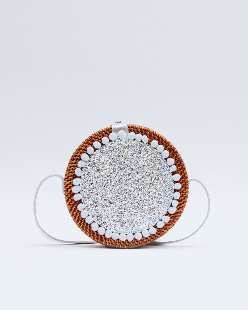 Pink Round Rattan Bag with Silver Glitter