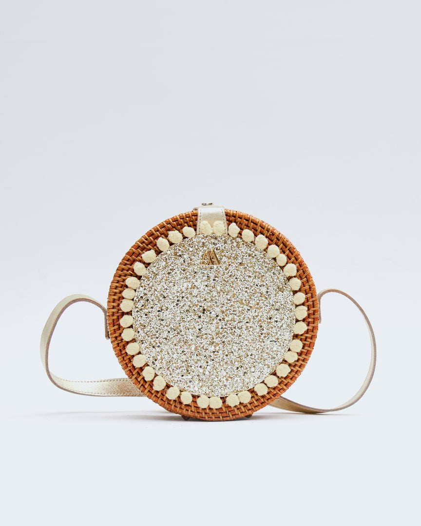 Pink Round Rattan Bag with Platinum Glitter