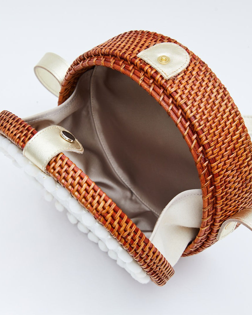 Pink Round Wicker Bag with White Glitter