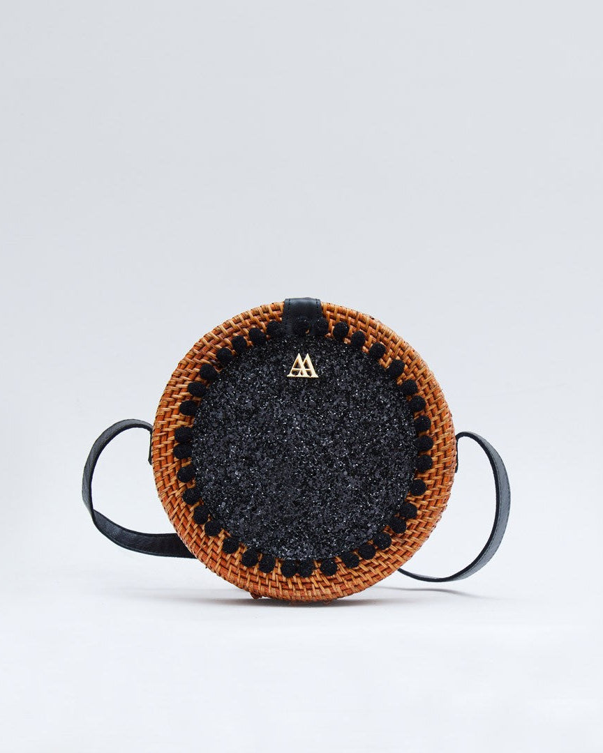 Pink Round Rattan Bag with Black Glitter