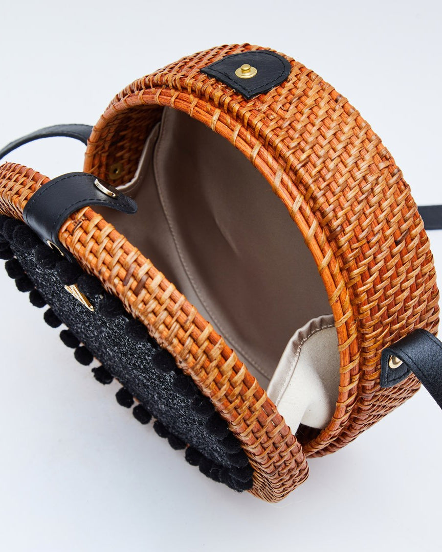 Pink Round Rattan Bag with Black Glitter