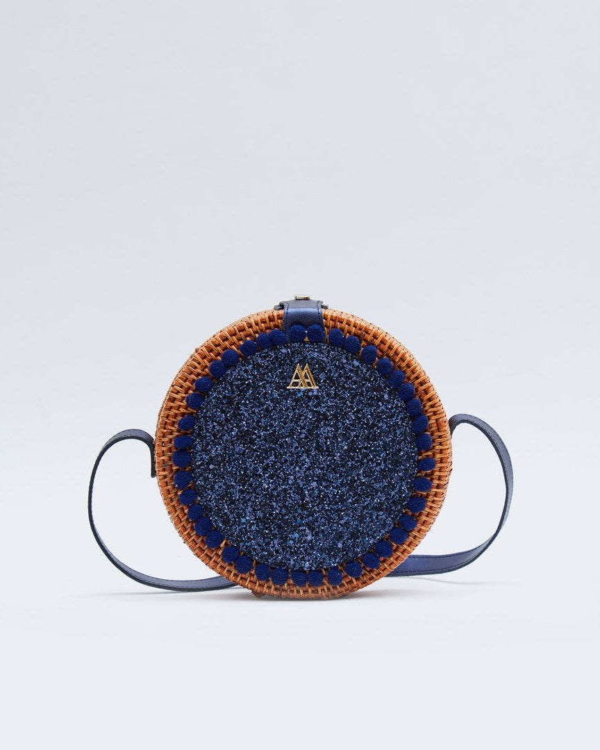 Pink Round Woven Bag with Navy Glitter