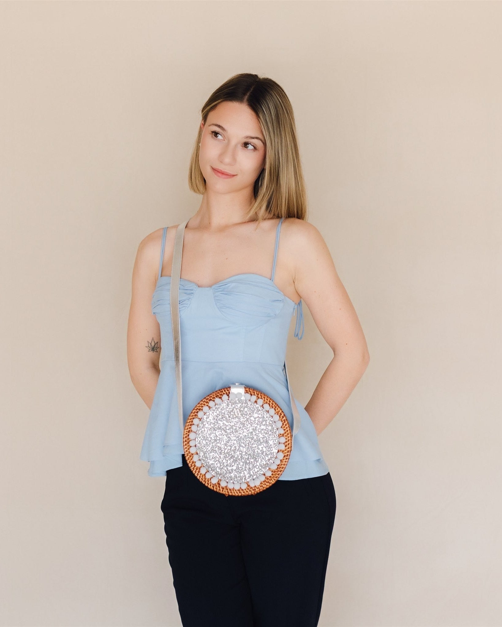 Pink Round Rattan Bag with Silver Glitter
