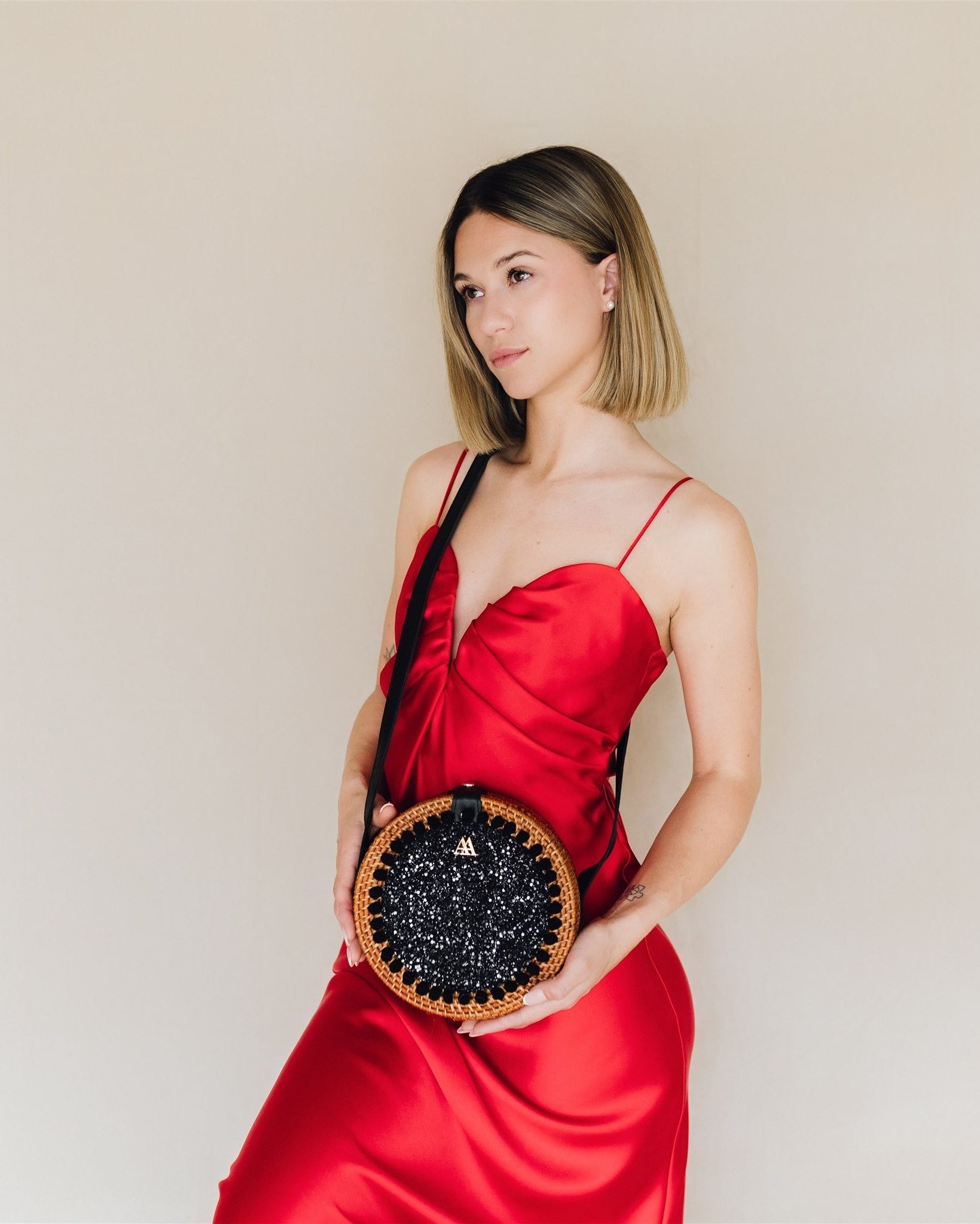 Pink Round Rattan Bag with Black Glitter