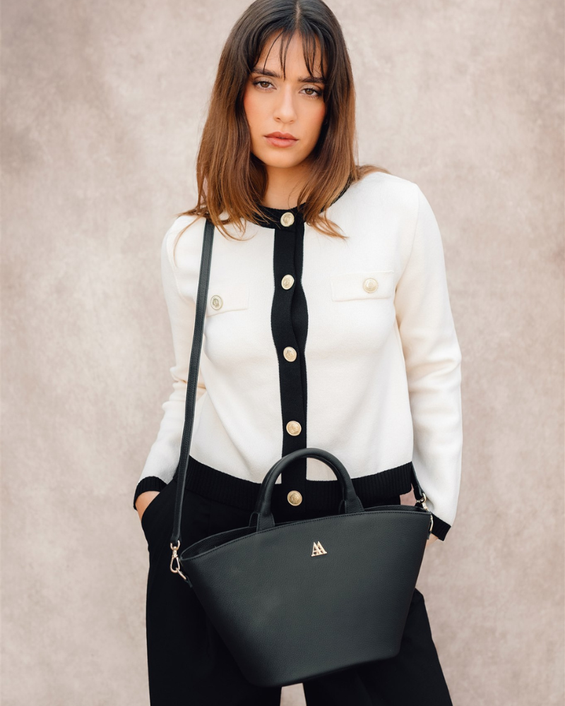 Carlota Leather Straw Bag Black