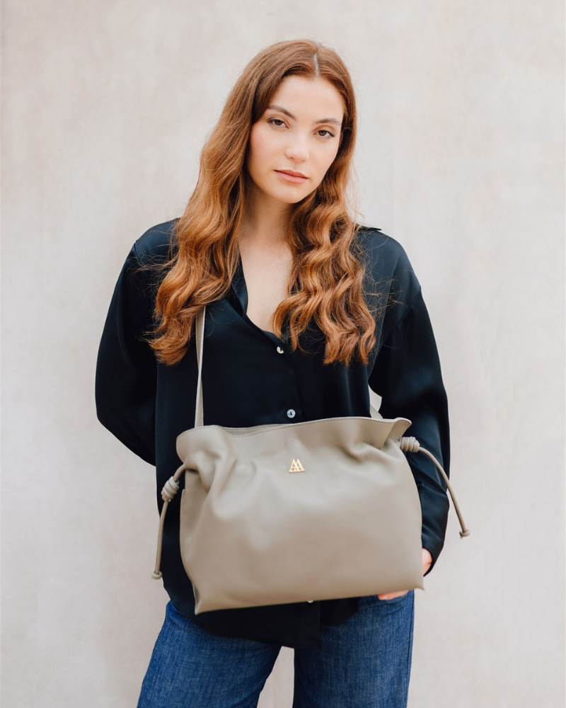 Fátima Ruched Leather Bag, Taupe