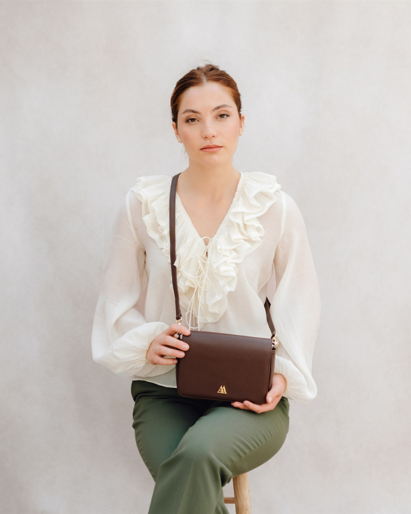 Maria Mini Leather Flap Bag, Dark Brown