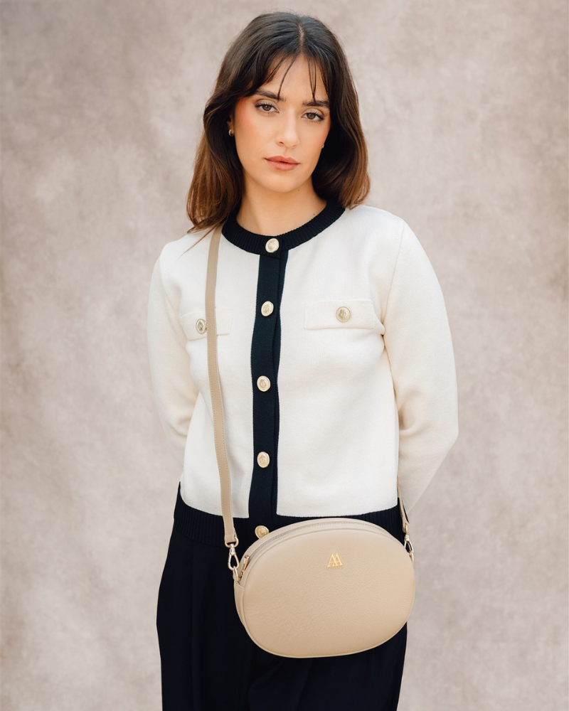 Olivia Oval Bag, Beige Leather