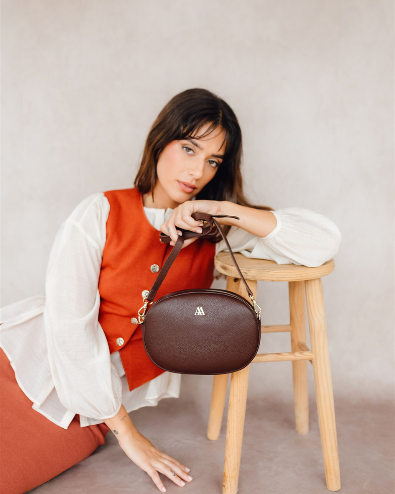 Olivia Oval Leather Bag, Brown