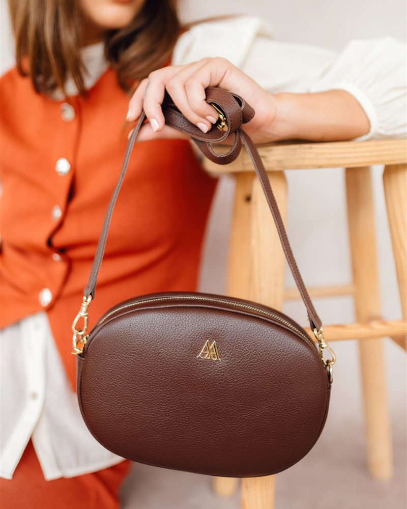 Olivia Oval Leather Bag, Brown