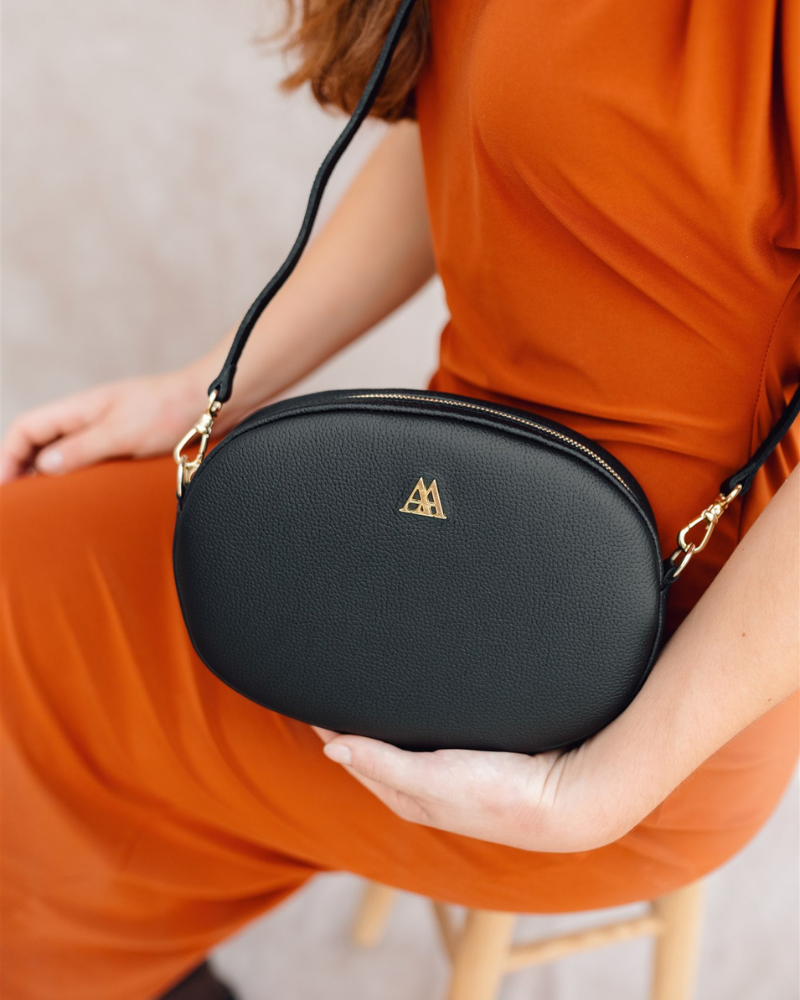 Olivia Oval Leather Bag, Black