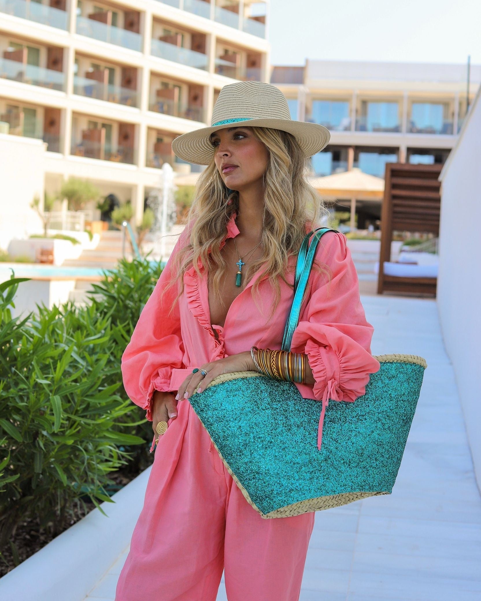 Medium Turquoise Glitter Beach Bag by Cris Mata