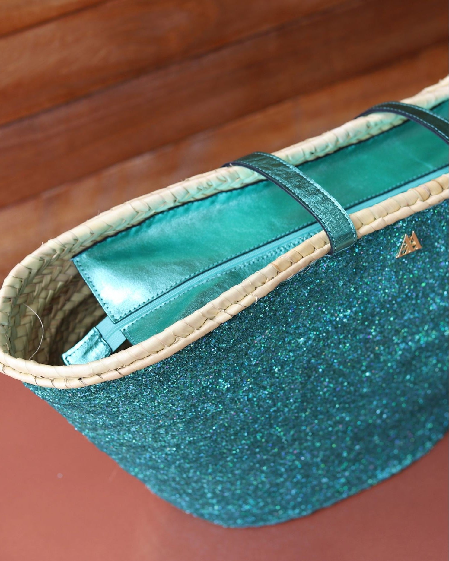 Medium Turquoise Glitter Beach Bag by Cris Mata