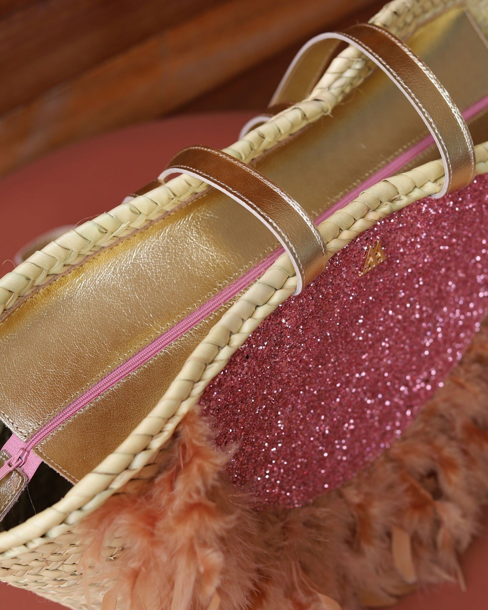 Medium Pink Glitter Hat with Feathers by Cris Mata