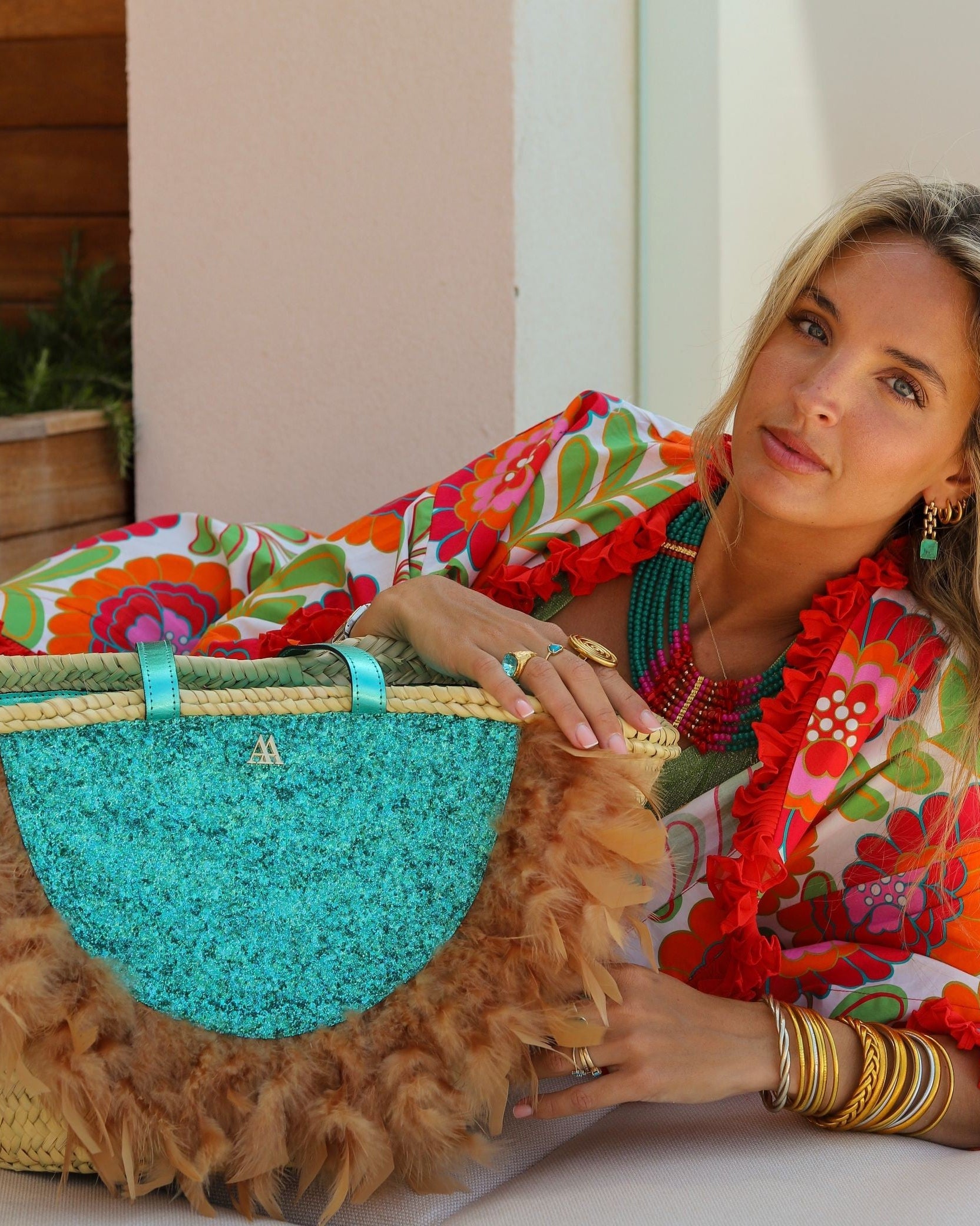 Medium Turquoise Glitter Straw Hat with Feathers by Cris Mata