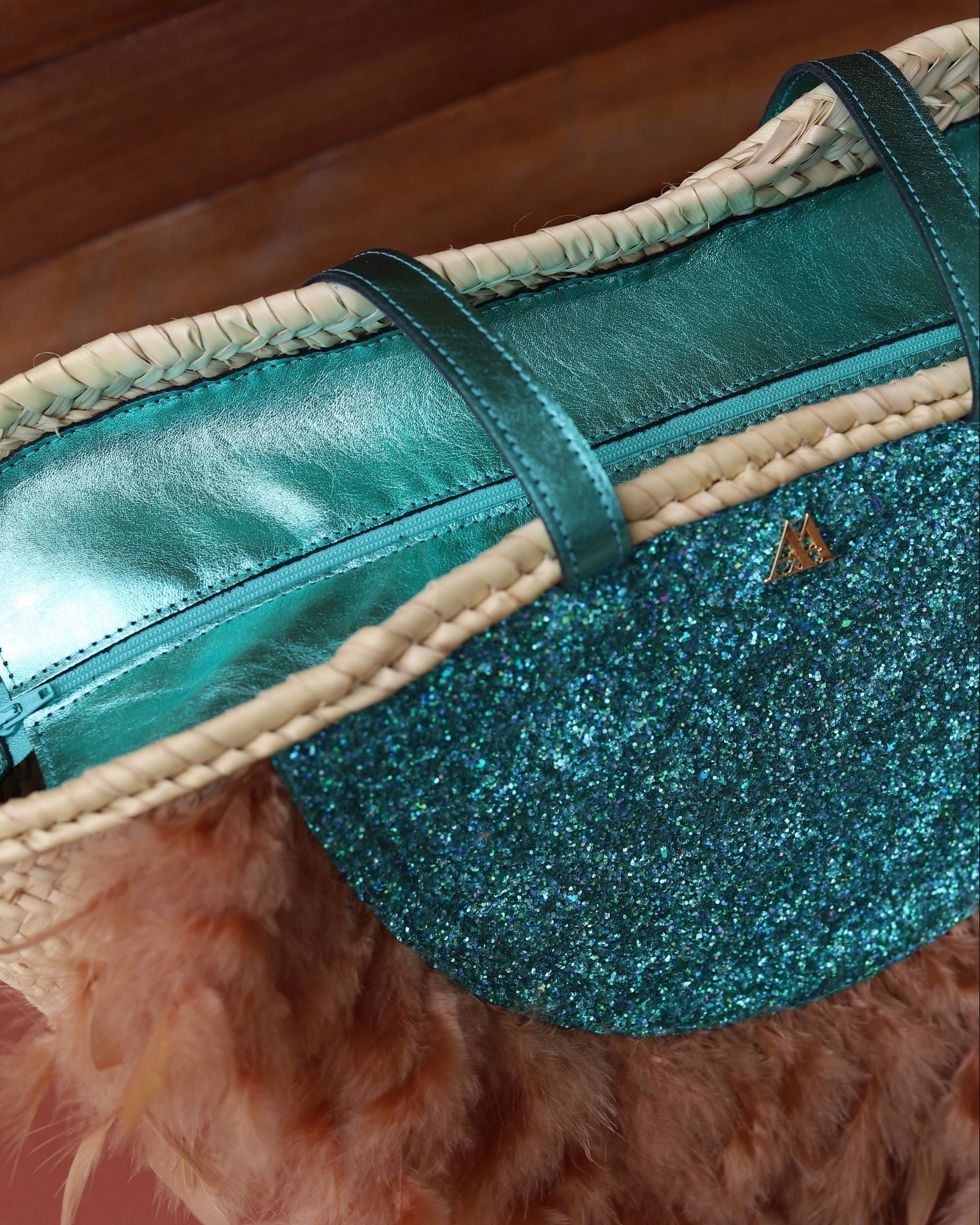 Medium Turquoise Glitter Straw Hat with Feathers by Cris Mata