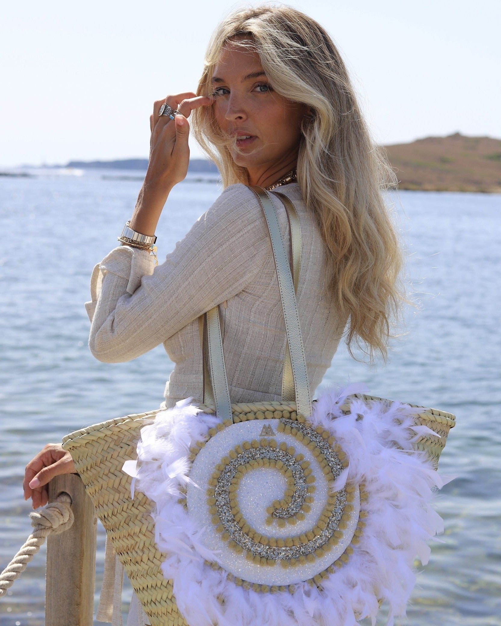 Medium Beach Bag with Seashells by Cris Mata