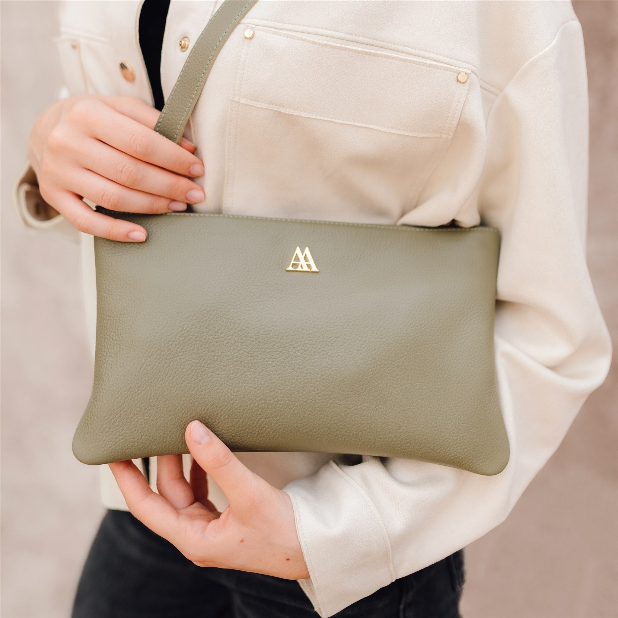 Catalina Bolso Clutch Piel Verde Kaki