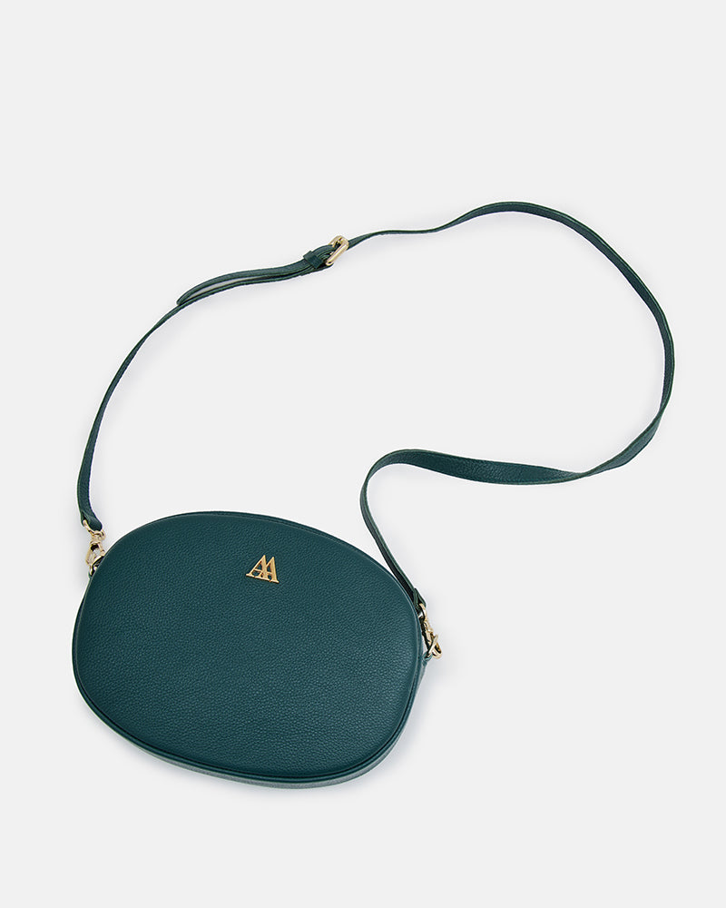 Olivia Oval Leather Bag, Petrol Green