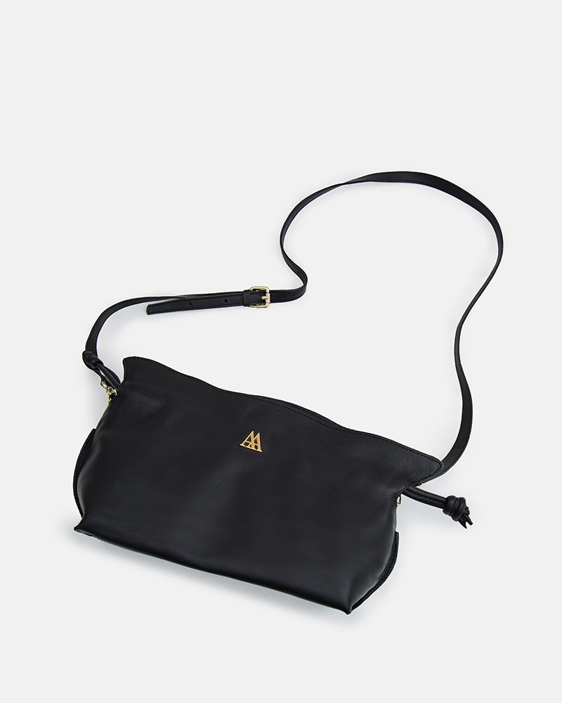 Fiona Faux Leather Drawstring Bag, Black