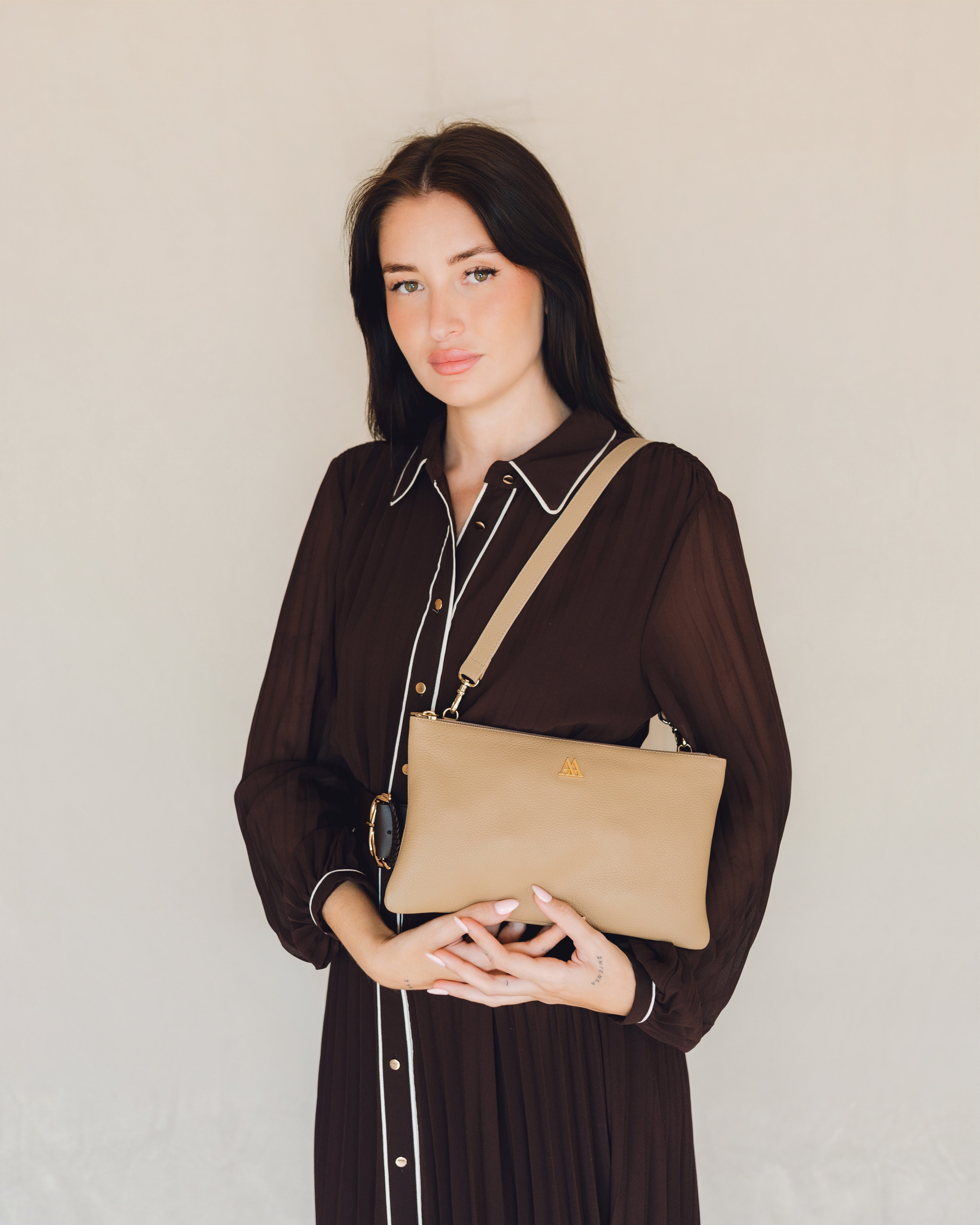 Catalina Beige Leather Clutch Bag