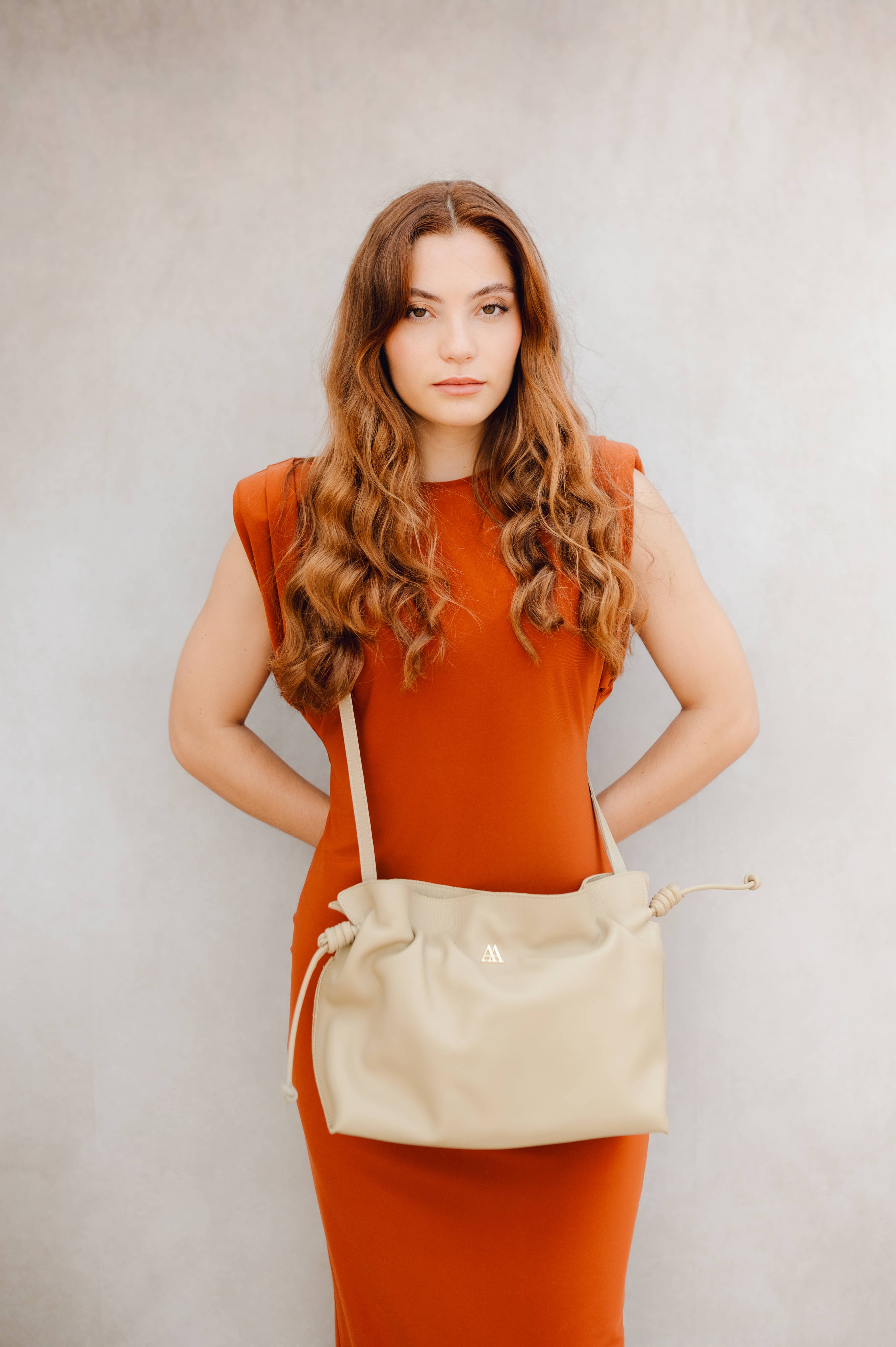 Fátima Ruched Leather Bag, Beige
