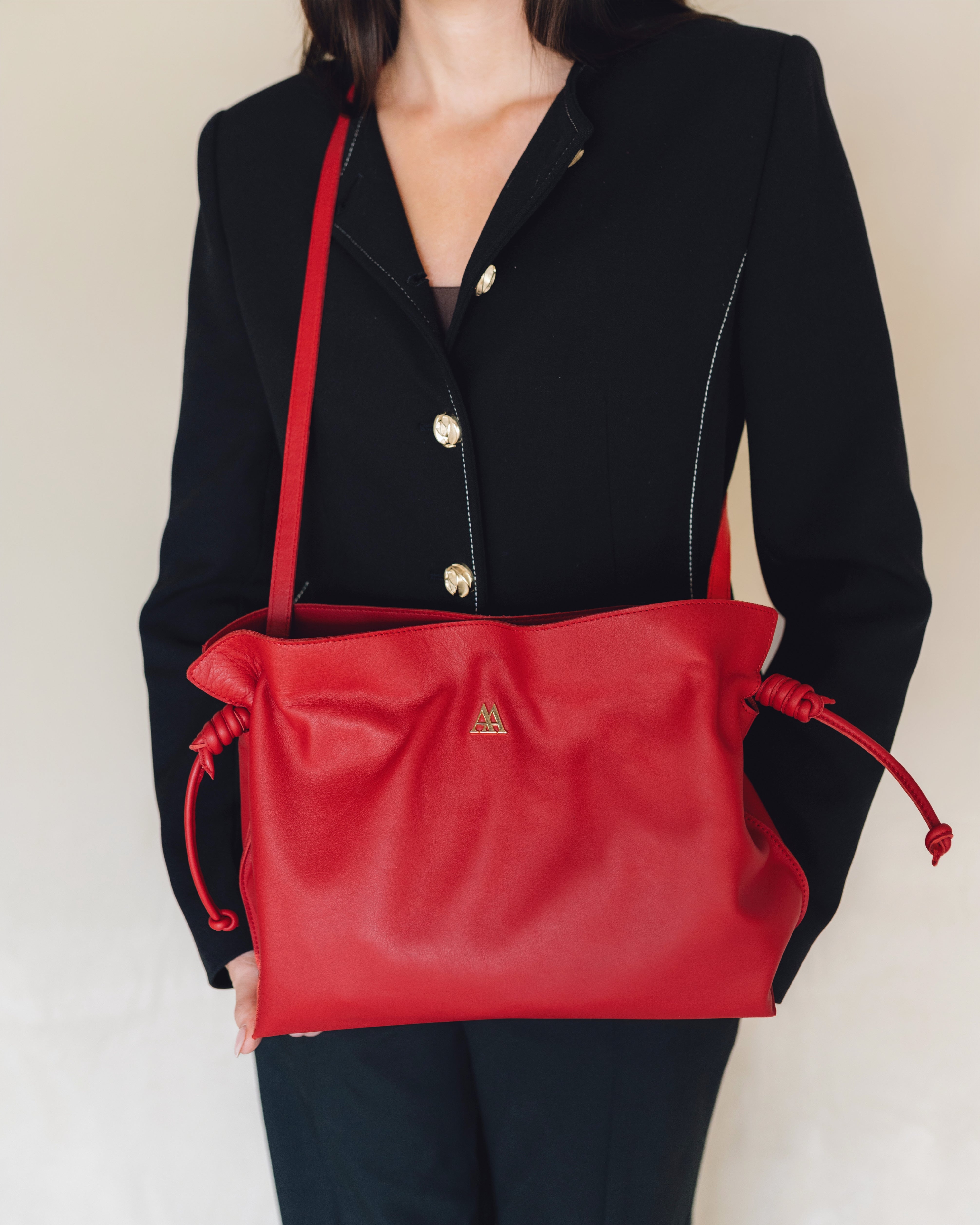 Fátima Ruched Leather Bag, Red