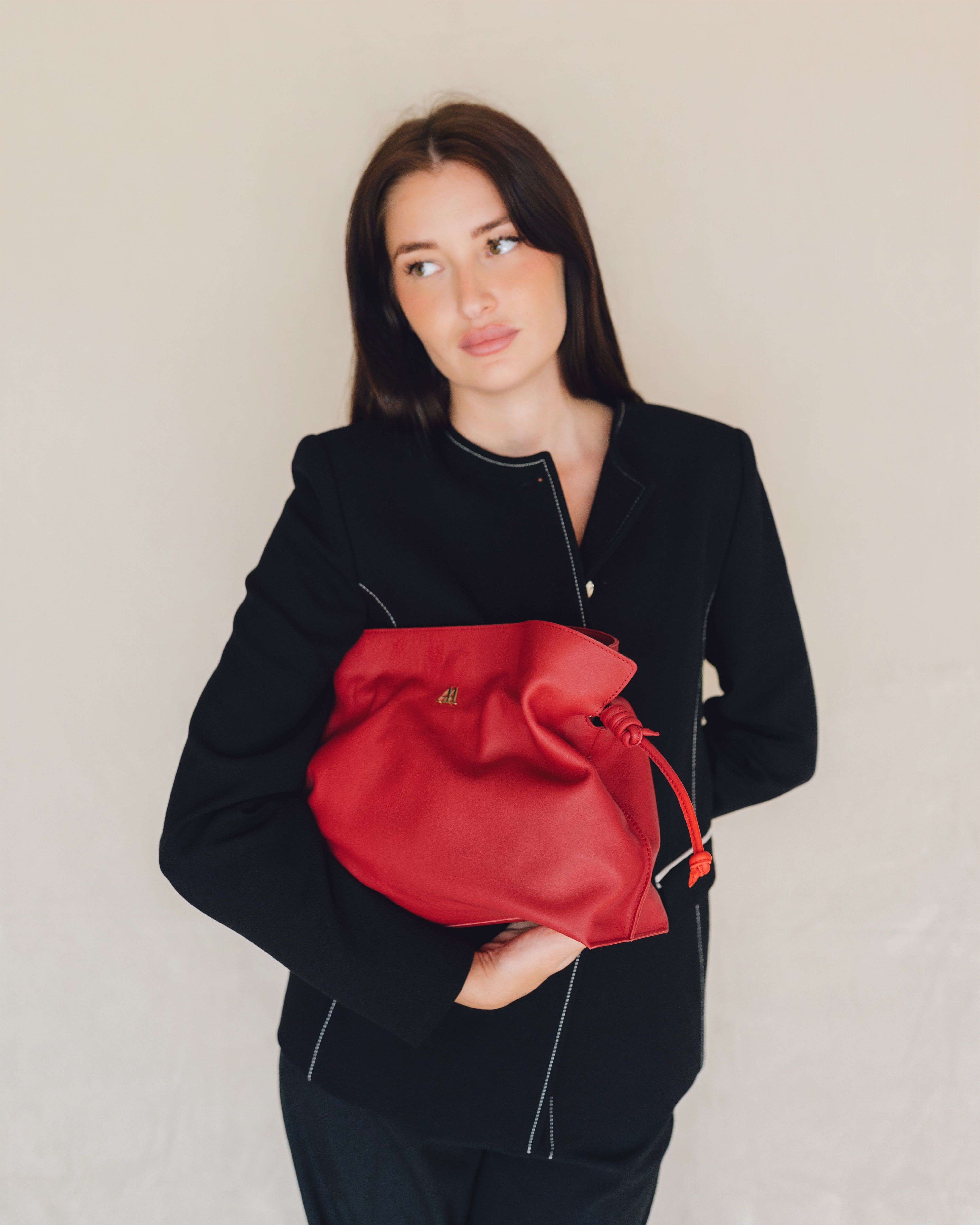 Fátima Ruched Leather Bag, Red