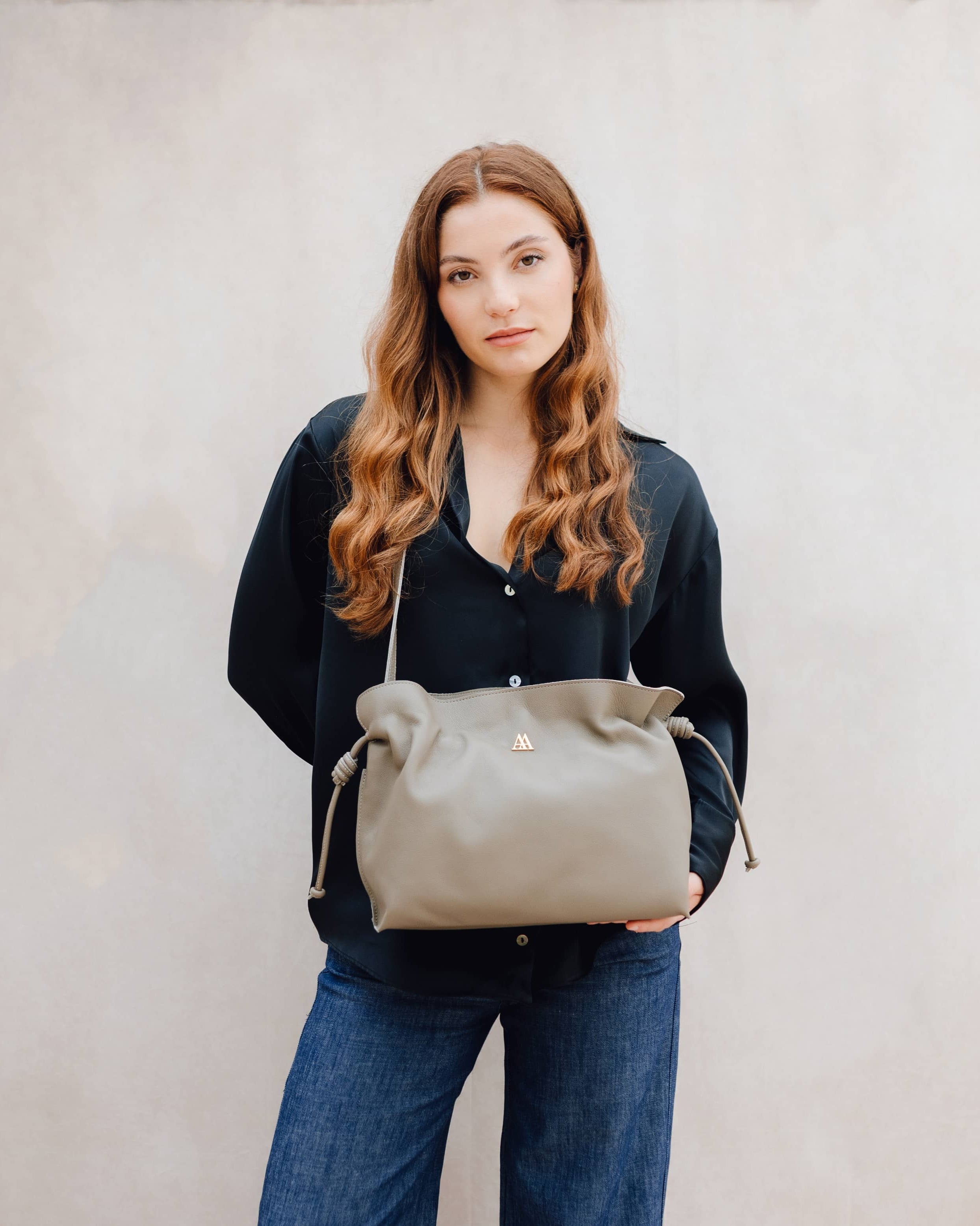 Fátima Ruched Leather Bag, Taupe