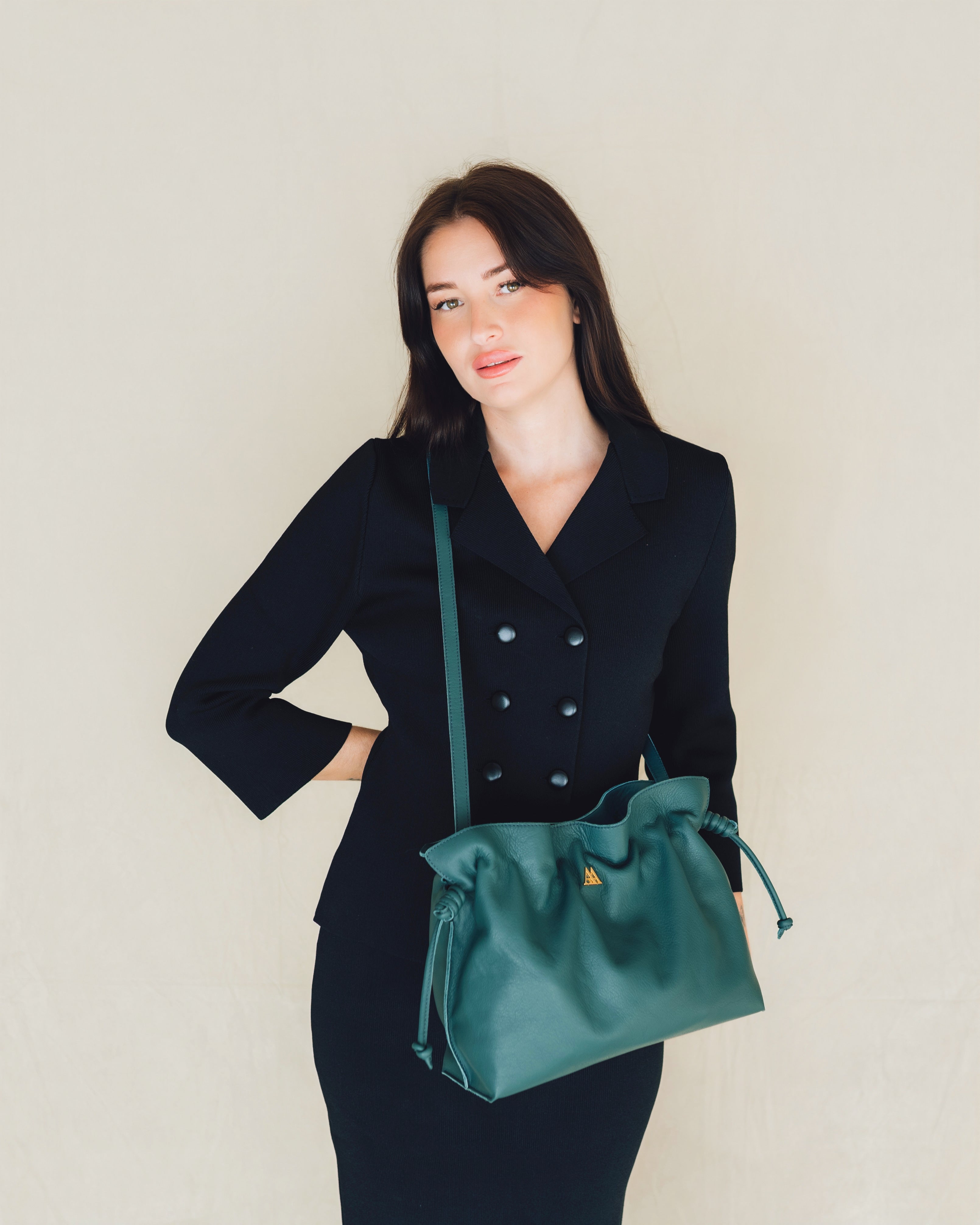 Fátima Bolso Fruncido Piel Verde Petróleo