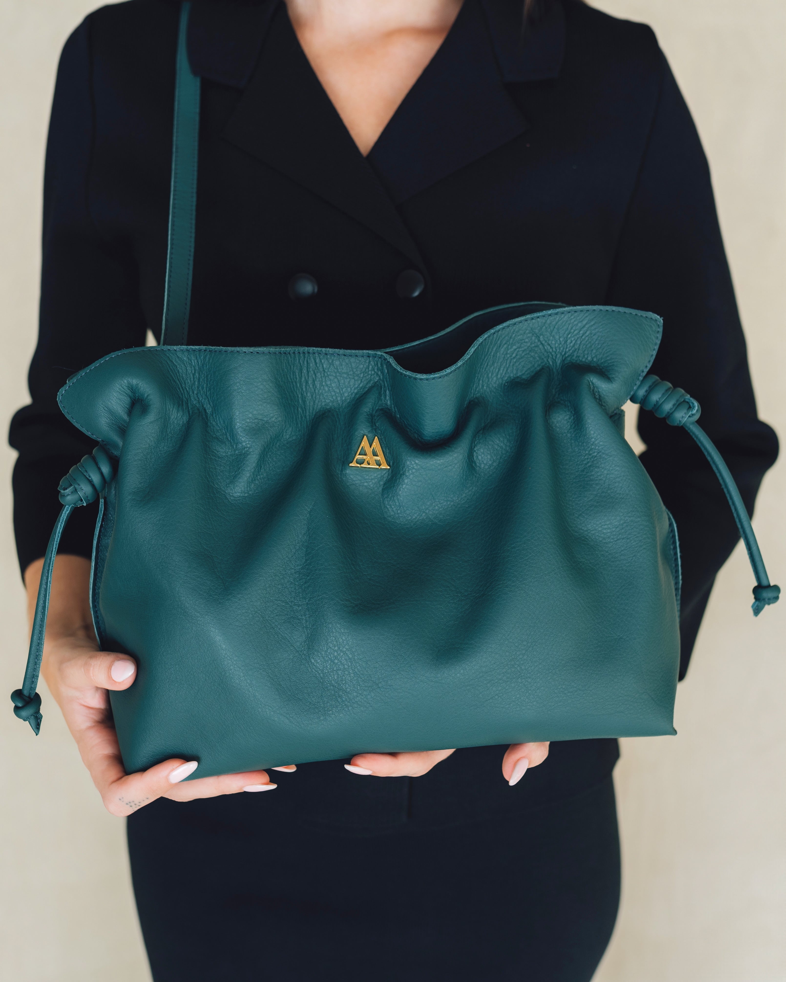 Fátima Bolso Fruncido Piel Verde Petróleo