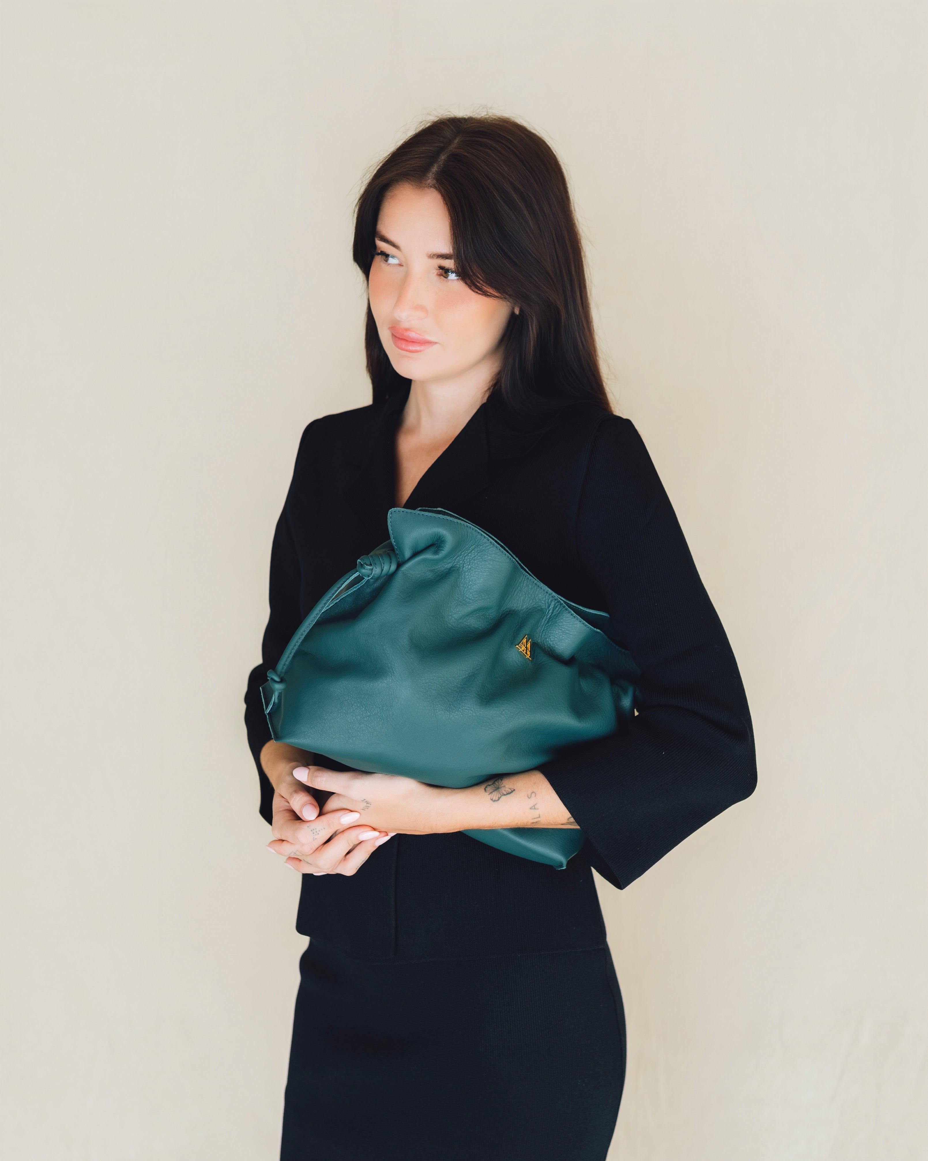 Fátima Bolso Fruncido Piel Verde Petróleo