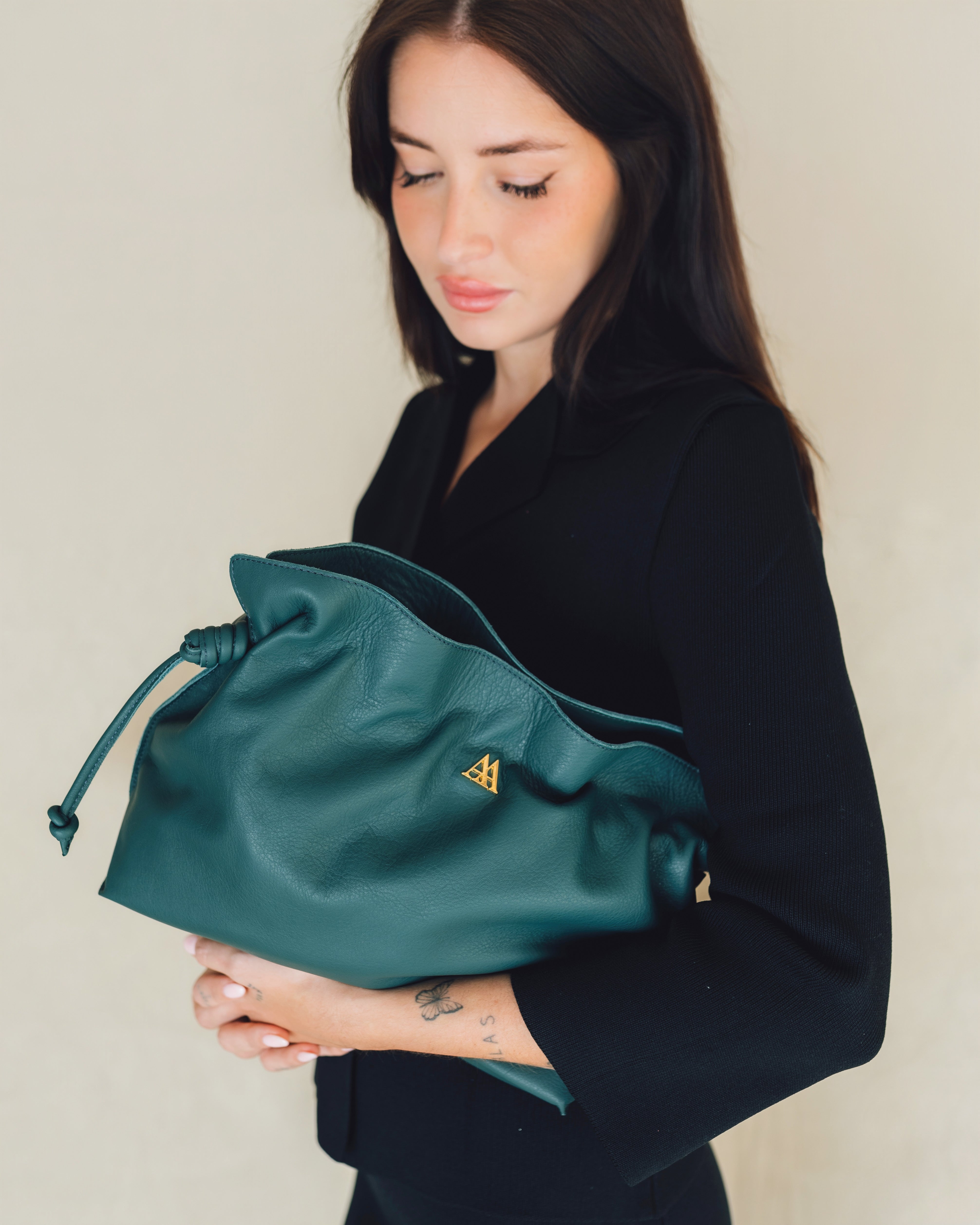 Fátima Bolso Fruncido Piel Verde Petróleo