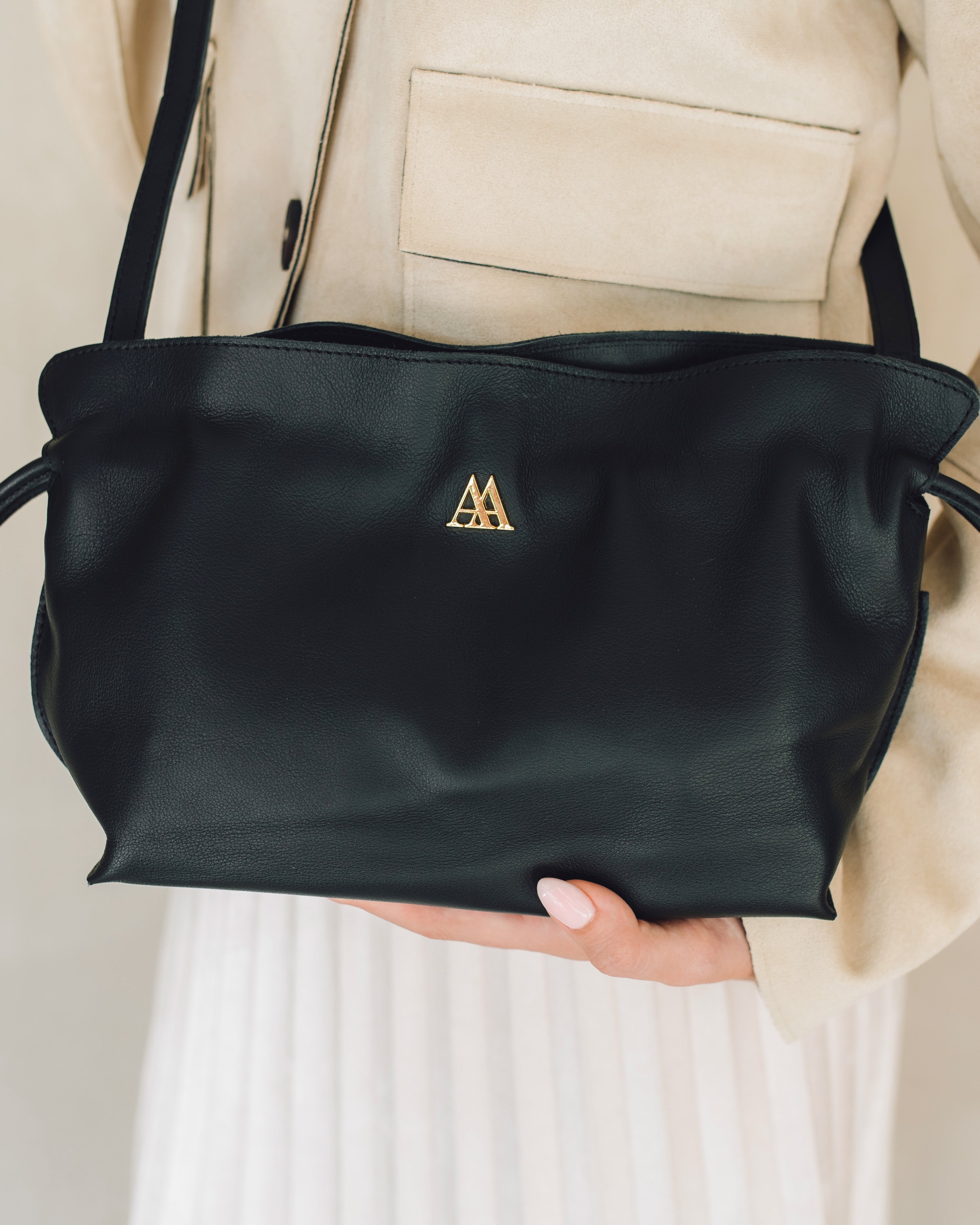 Fiona Faux Leather Drawstring Bag, Black