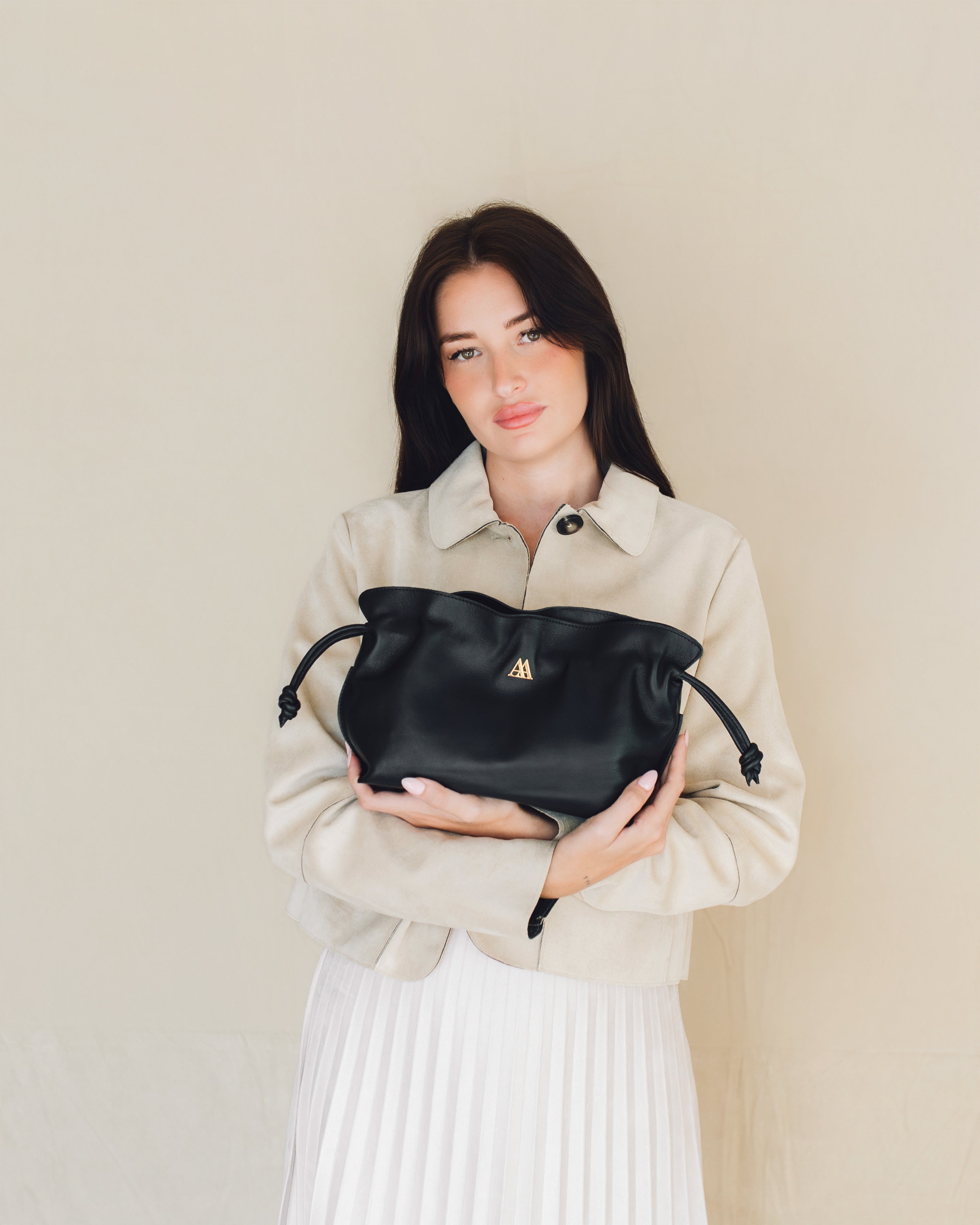 Fiona Faux Leather Drawstring Bag, Black