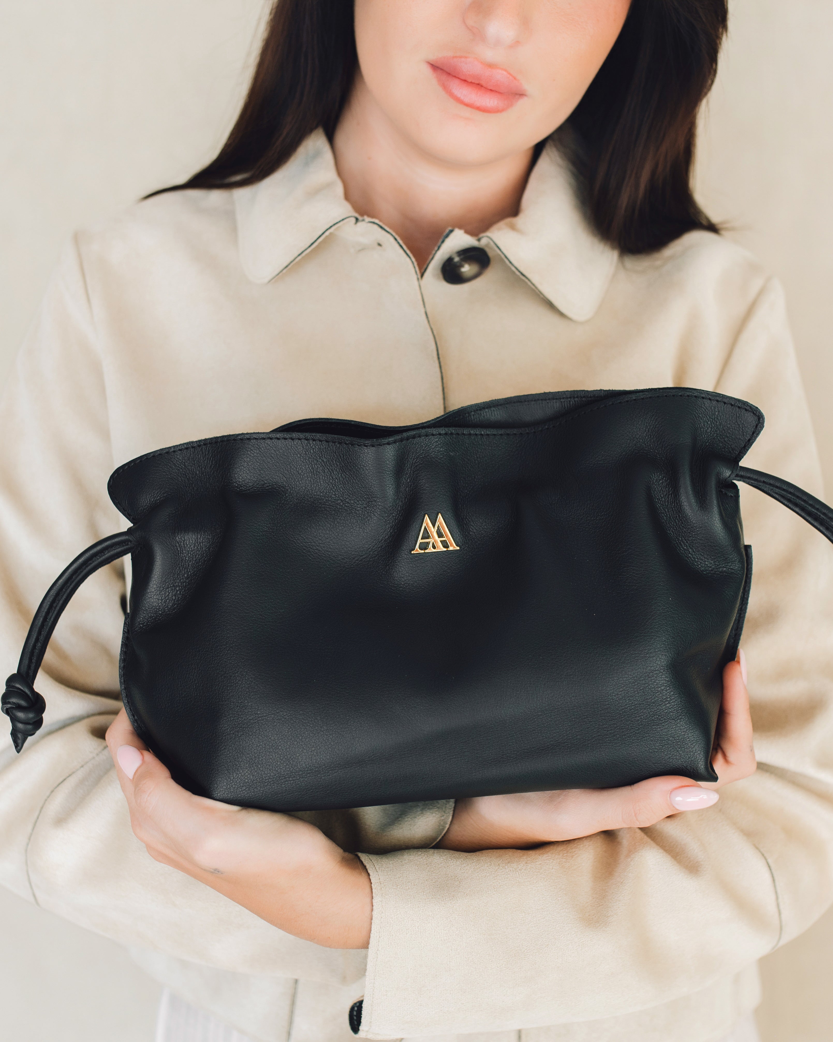 Fiona Faux Leather Drawstring Bag, Black