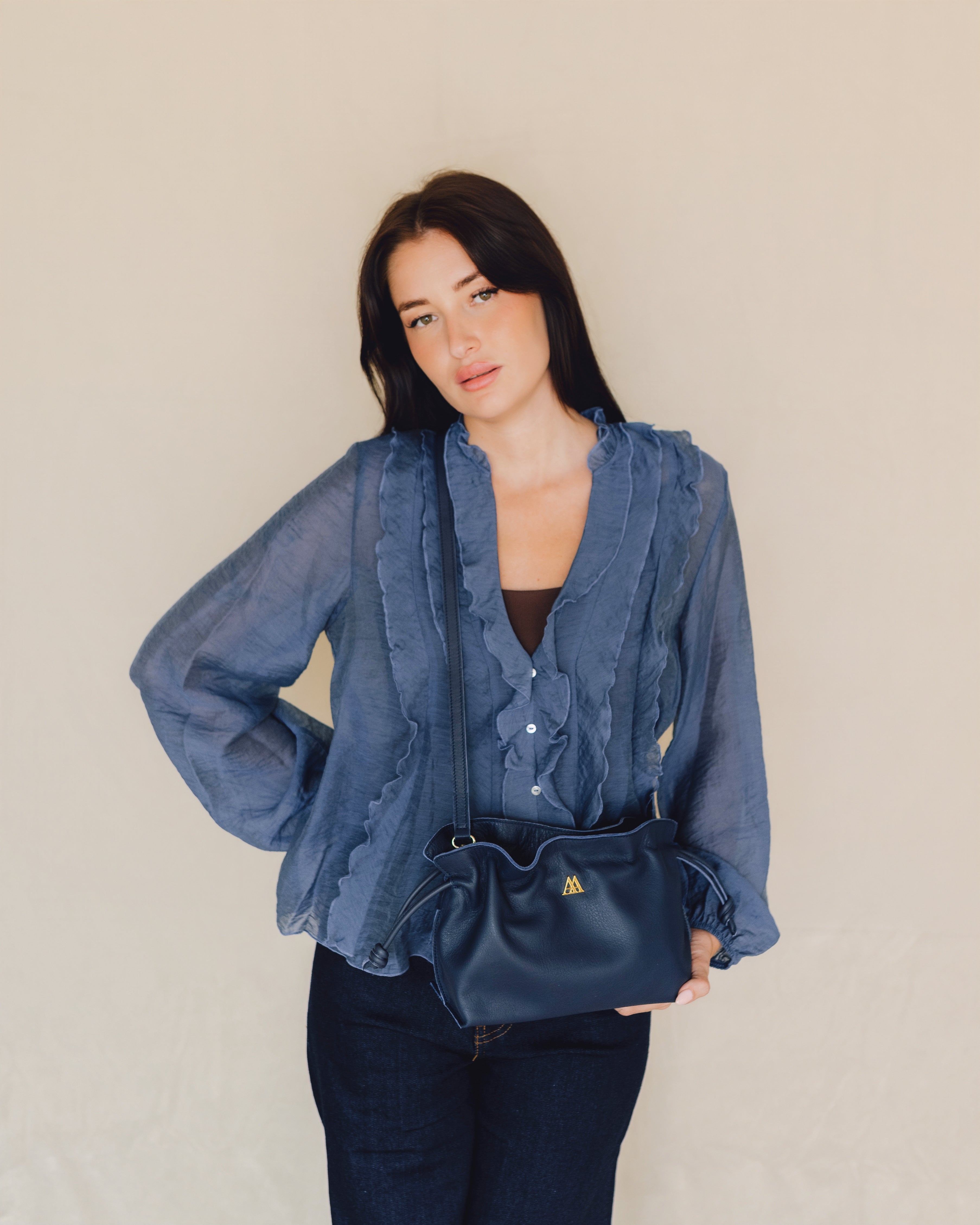 Fiona Bolso Fruncido Piel Azul Marino