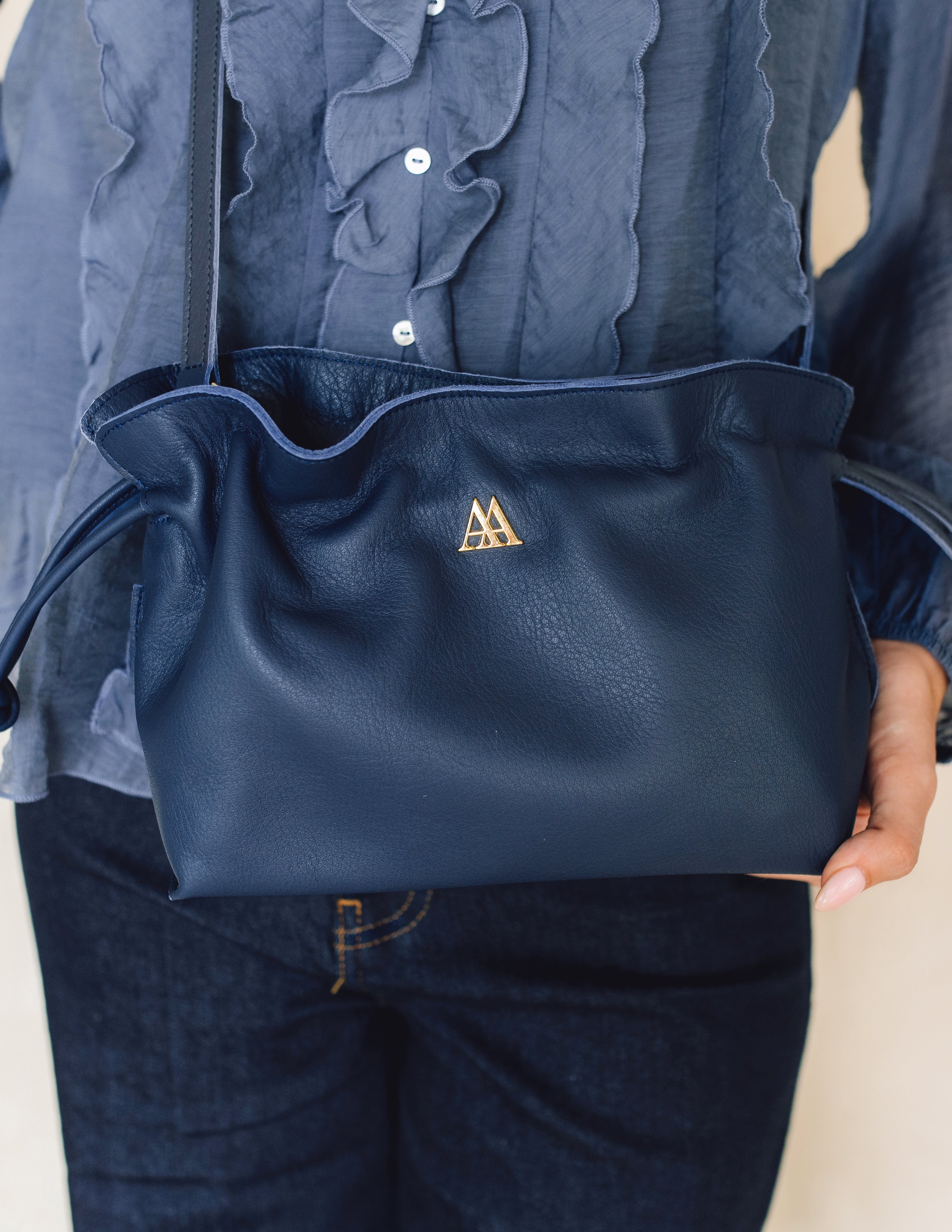 Fiona Gathered Leather Bag, Navy Blue