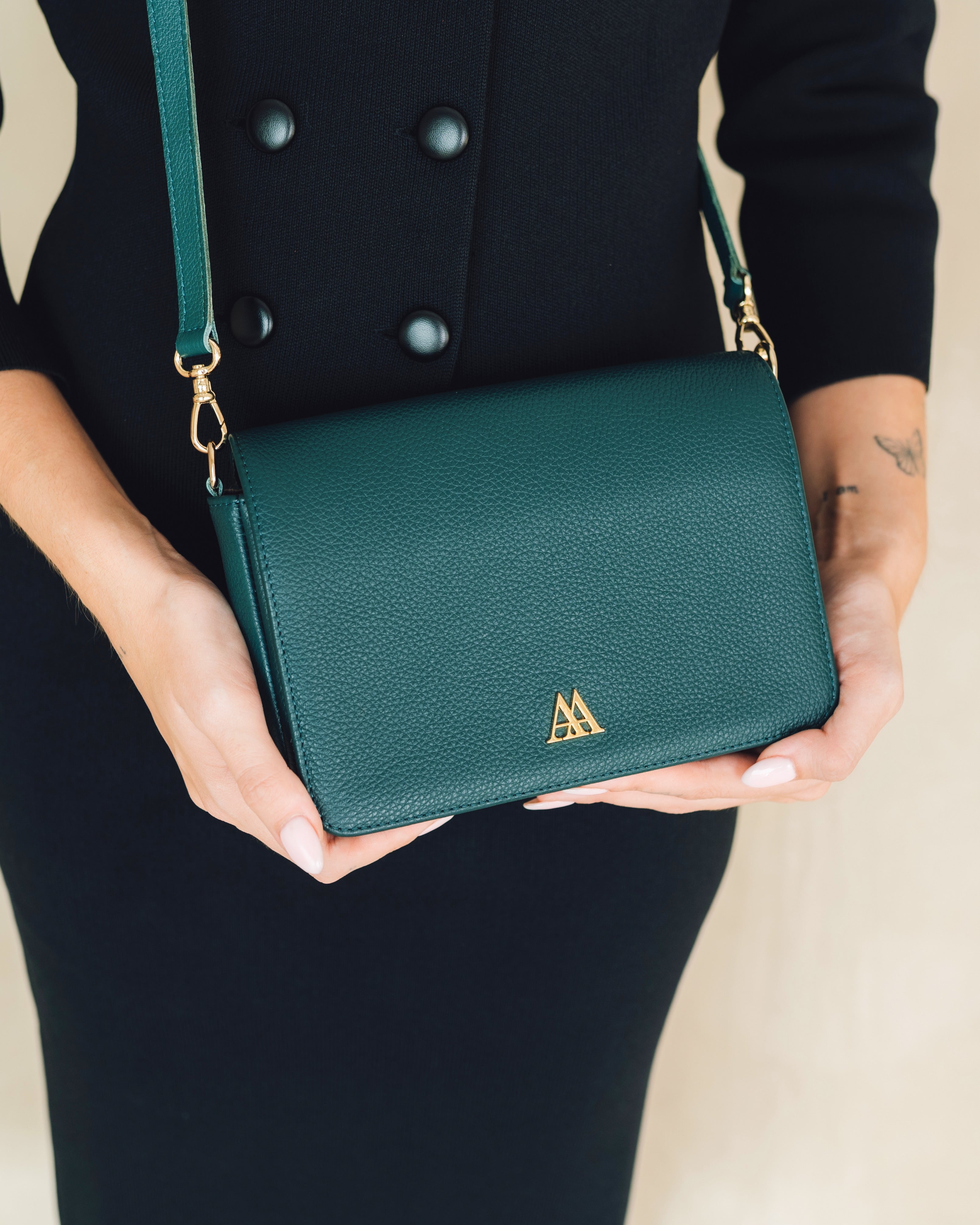 Maria Mini Leather Shoulder Bag, Petrol Green