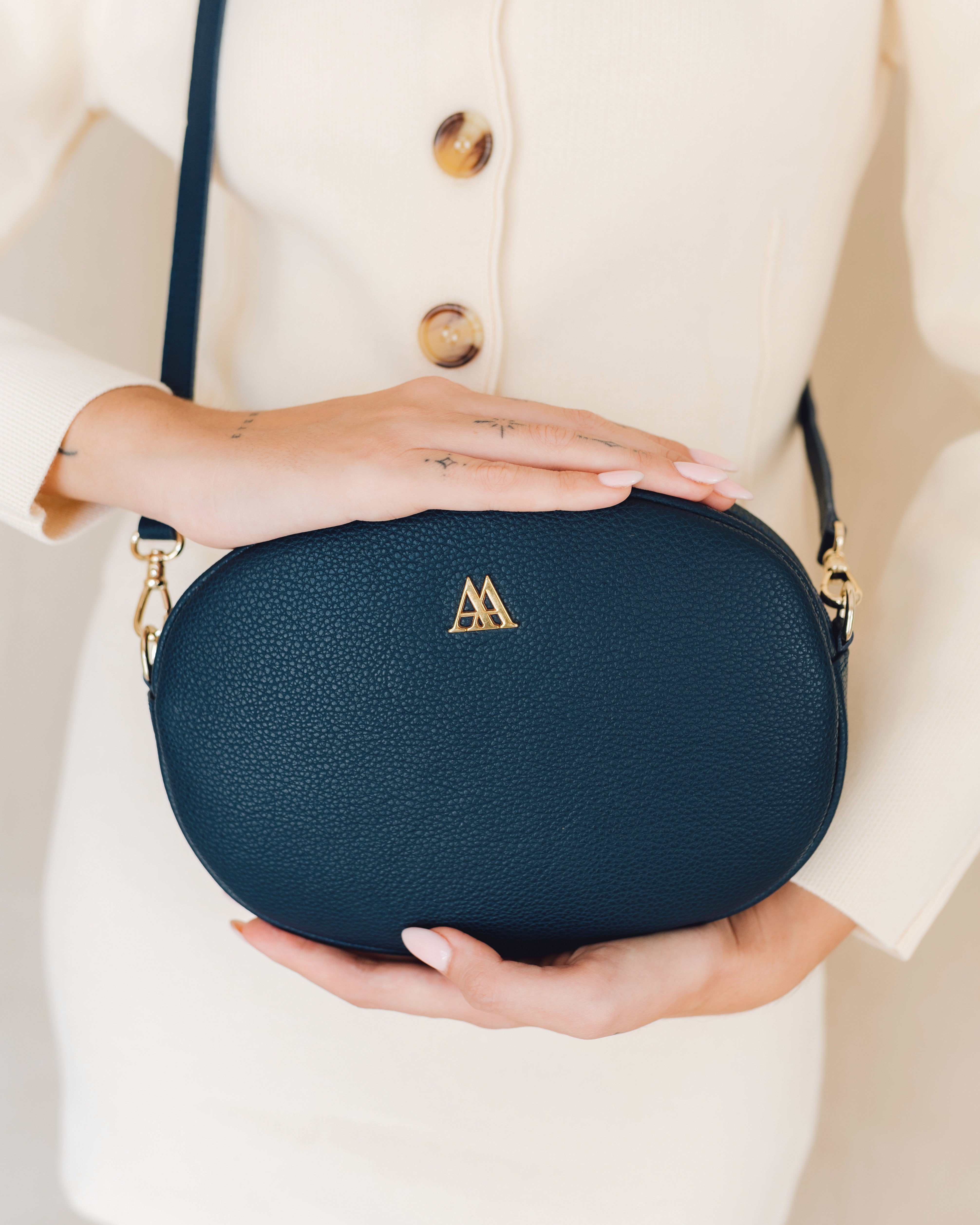 Olivia Oval Bag, Navy Blue Leather