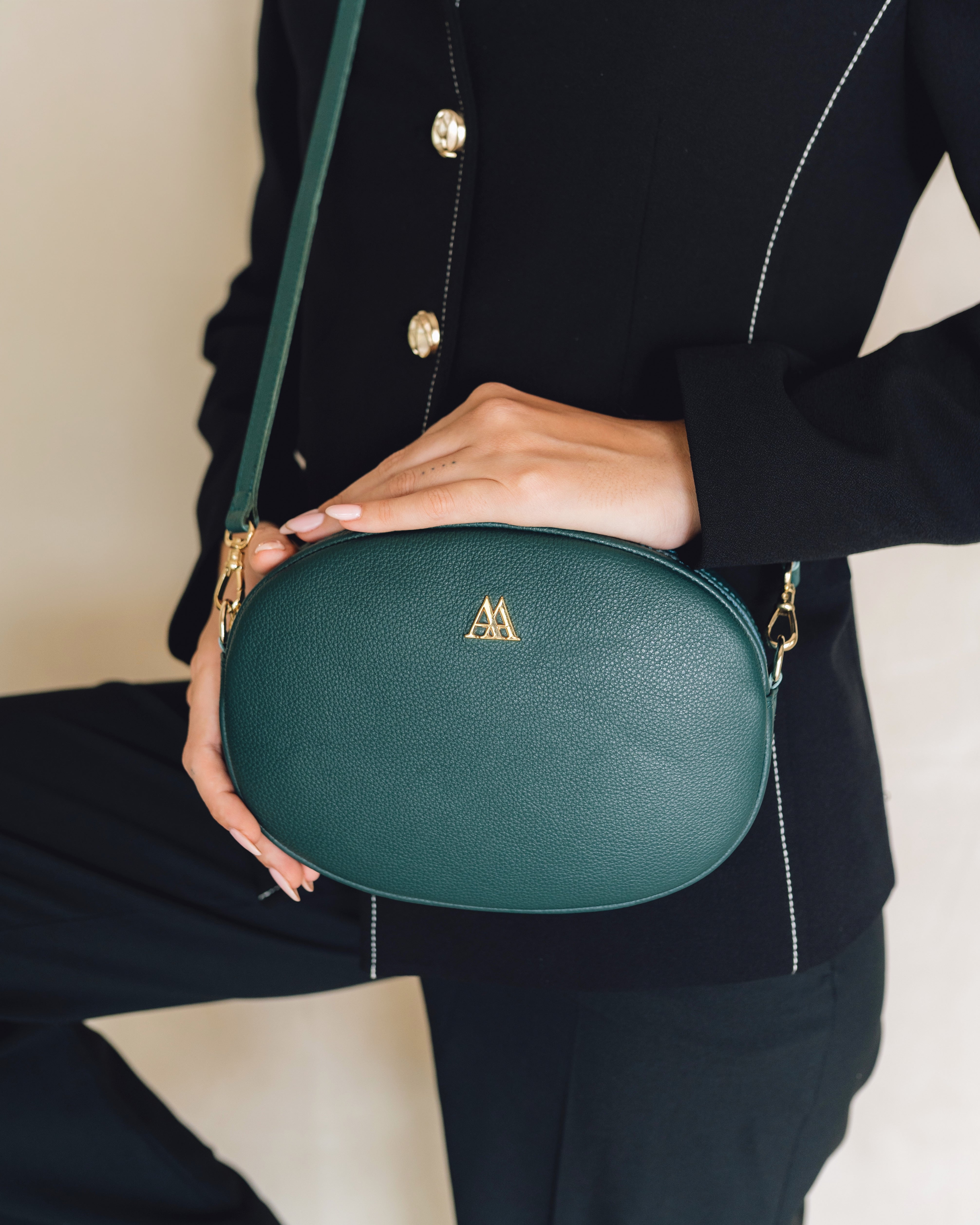 Olivia Oval Leather Bag, Petrol Green