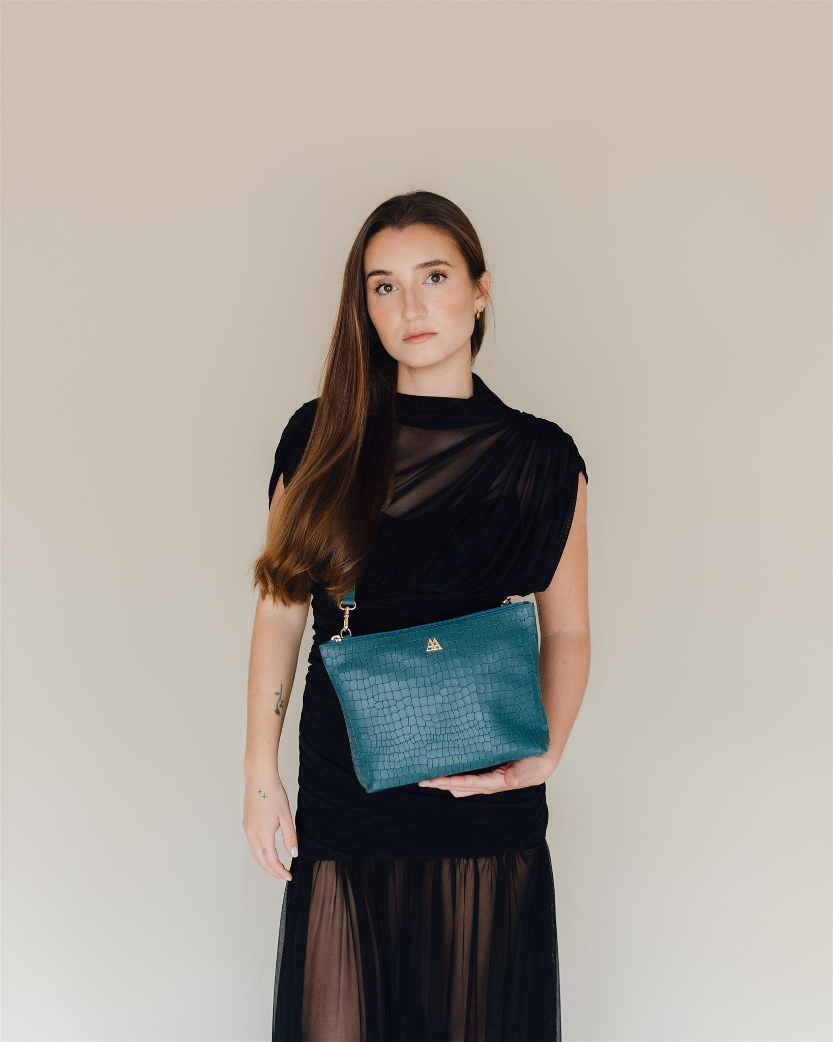 Manola Clutch Bag, Petrol Green Leather