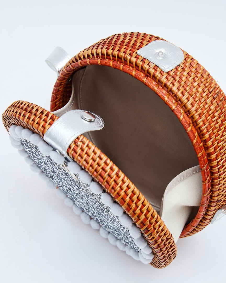 Pink Round Rattan Bag with Silver Glitter