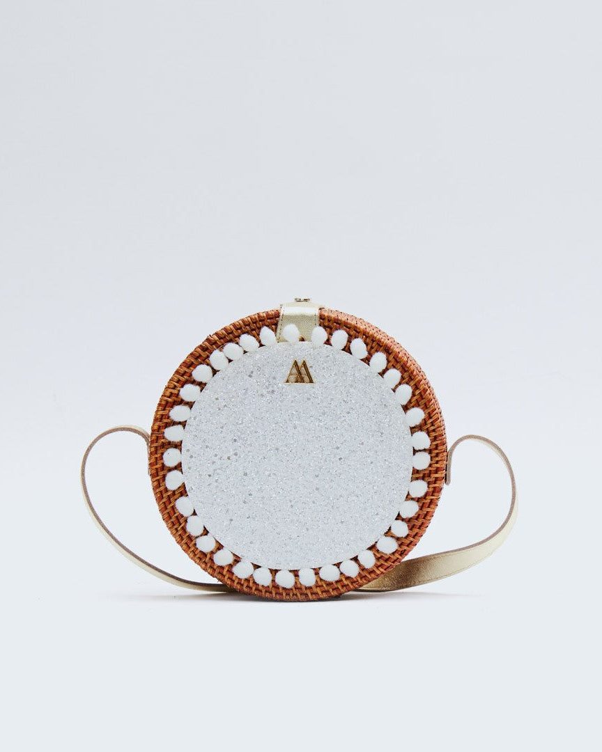 Pink Round Wicker Bag with White Glitter