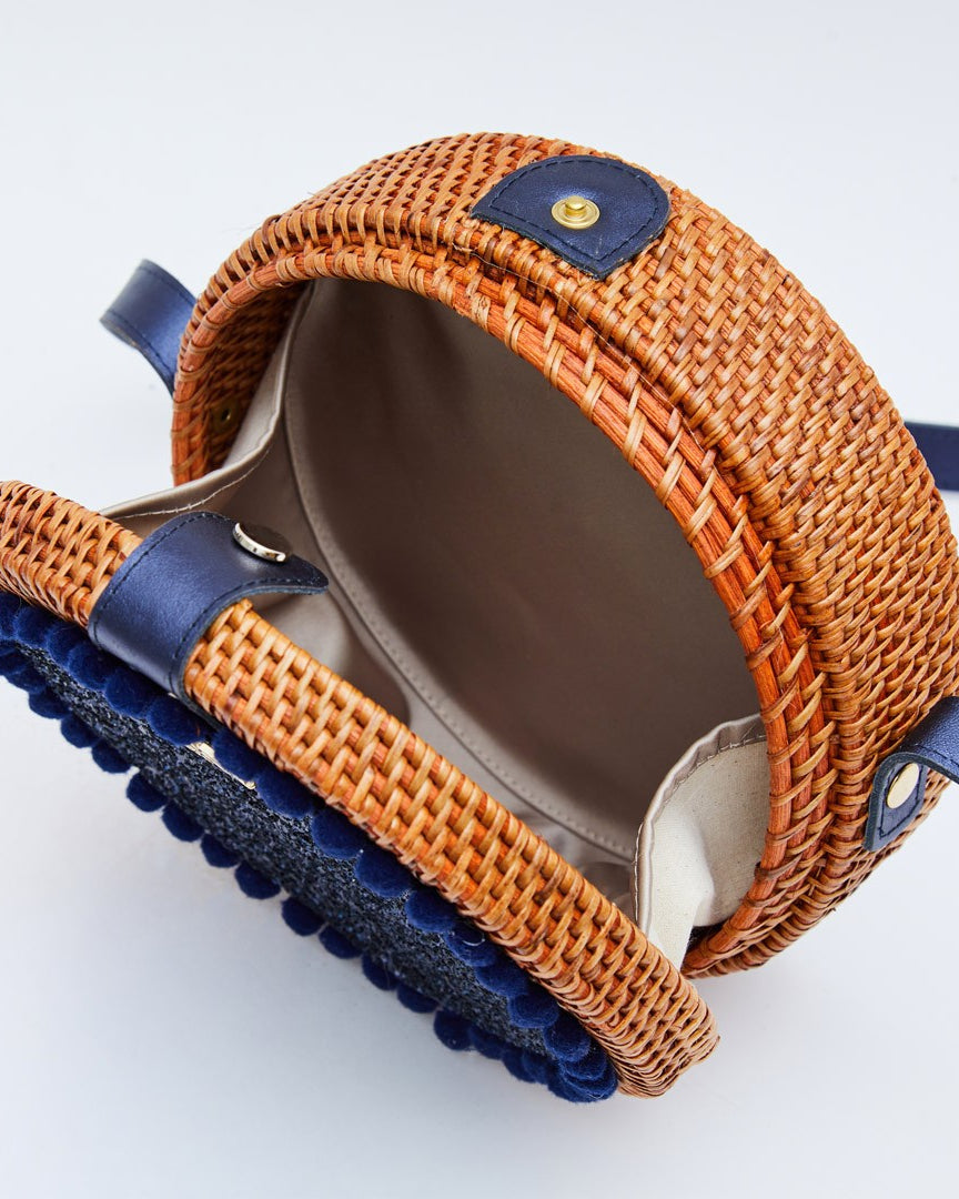 Pink Round Woven Bag with Navy Glitter