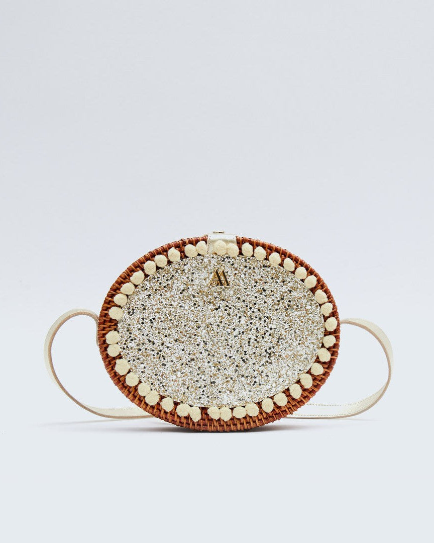 Rosario Oval Woven Bag with Platinum Glitter