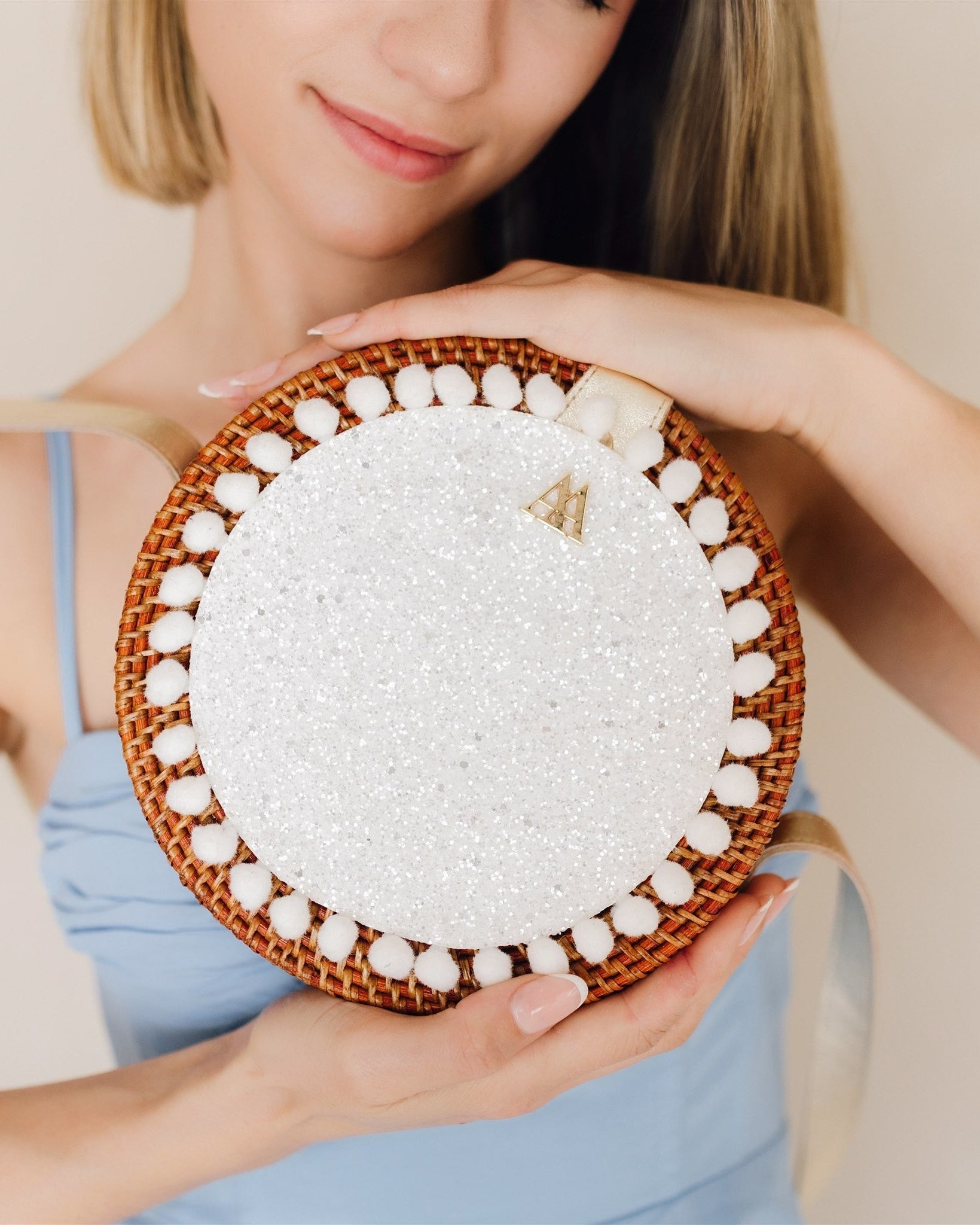 Pink Round Wicker Bag with White Glitter