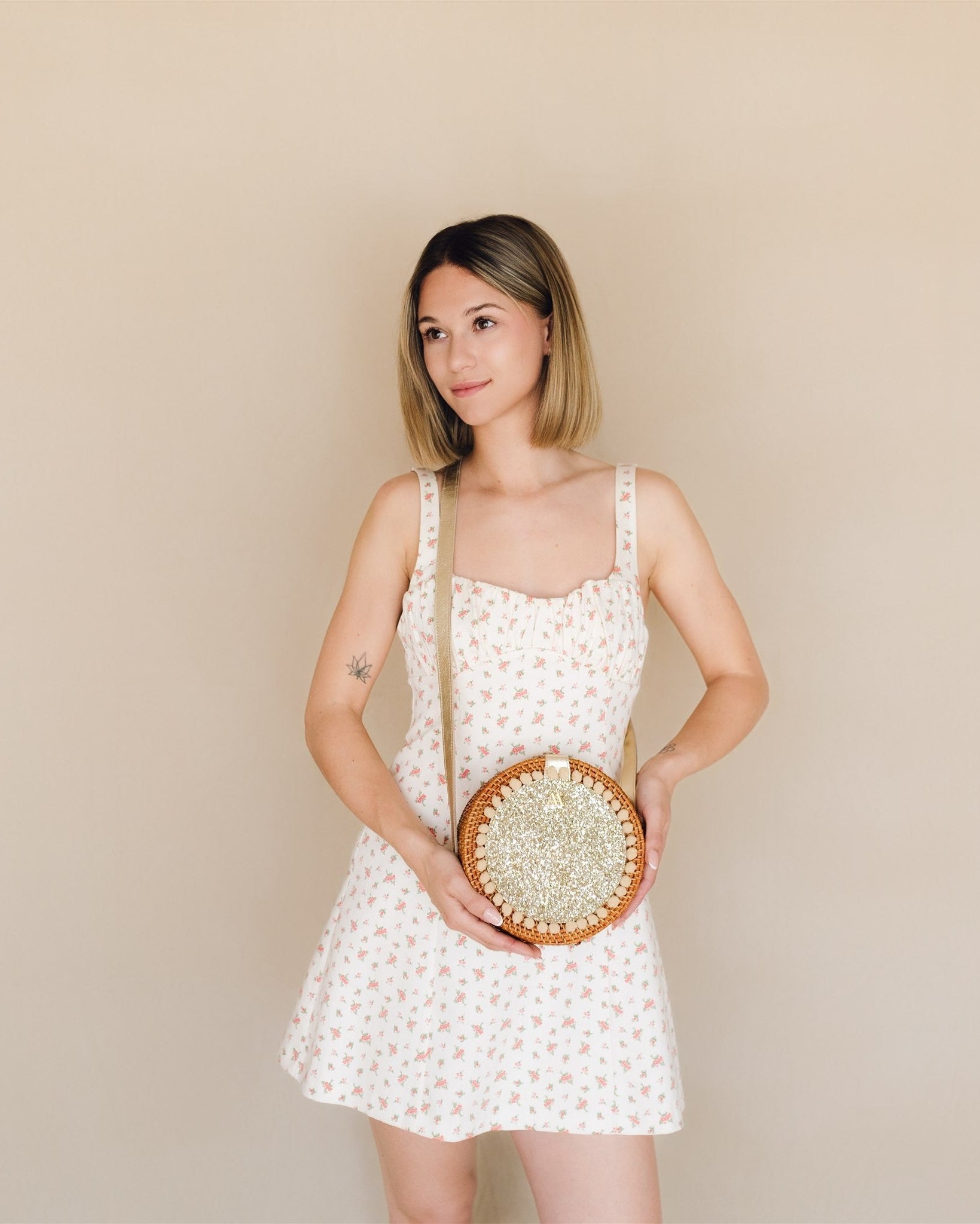 Pink Round Rattan Bag with Platinum Glitter
