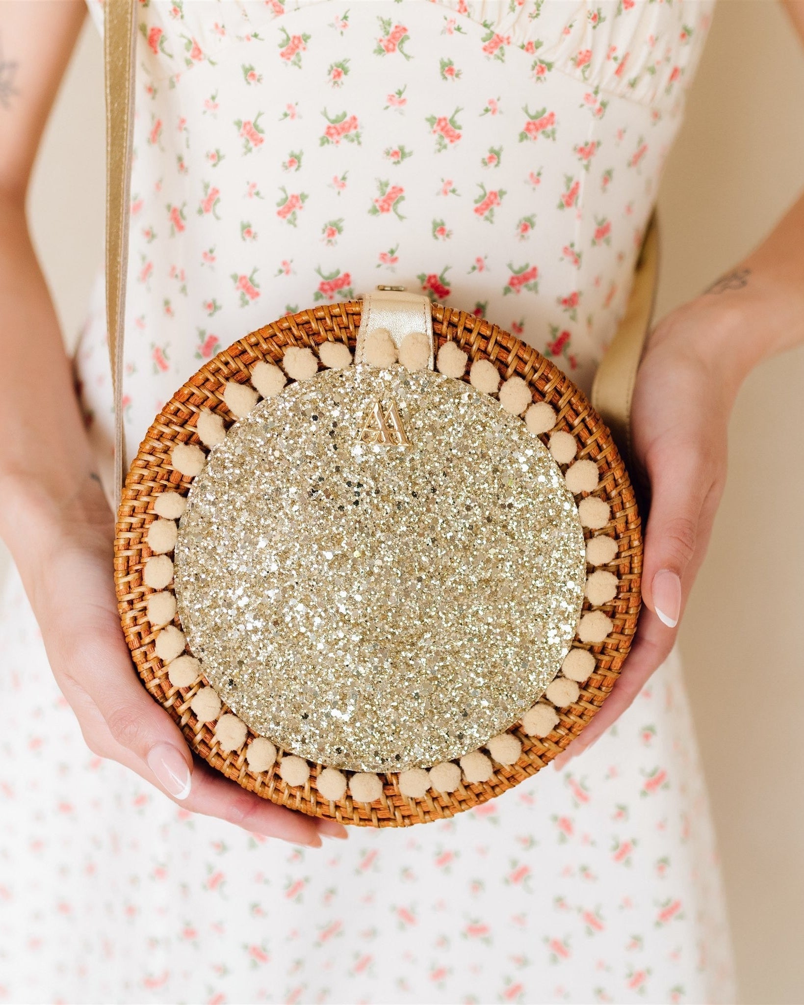 Pink Round Rattan Bag with Platinum Glitter