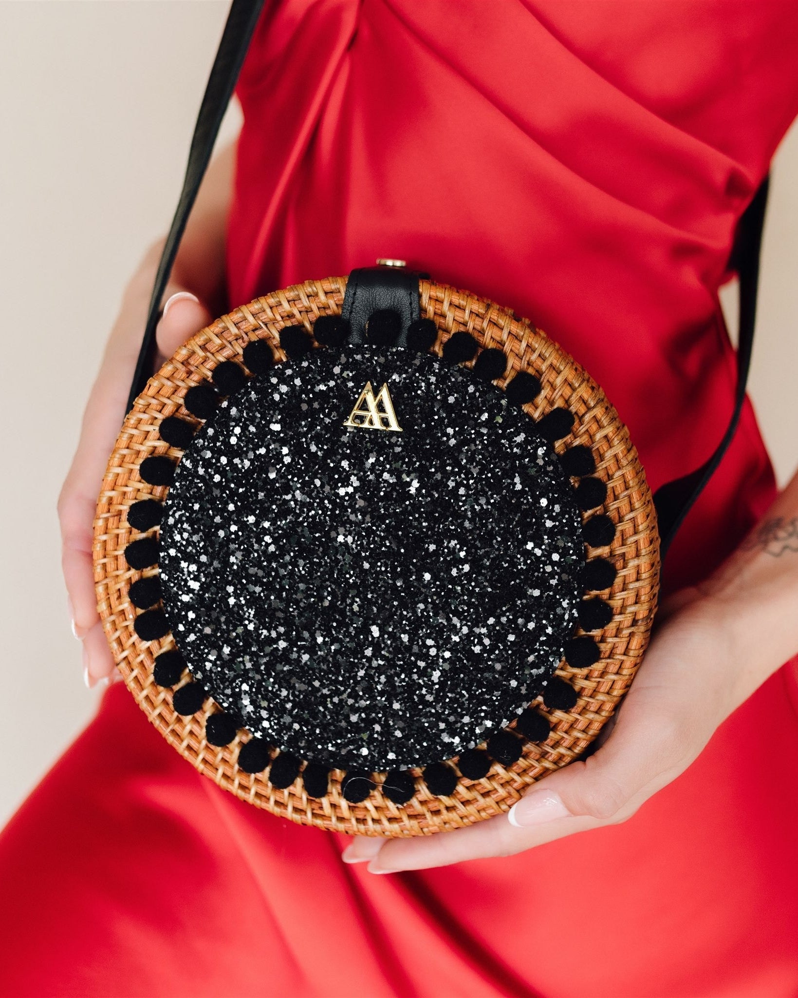 Pink Round Rattan Bag with Black Glitter